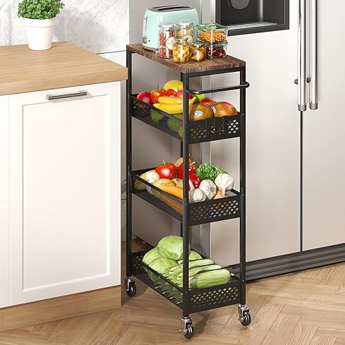 Carrito de almacenamiento delgado de 4 niveles para frutas y verduras para cocina, espacio pequeño, carrito estrecho con ruedas con parte superior