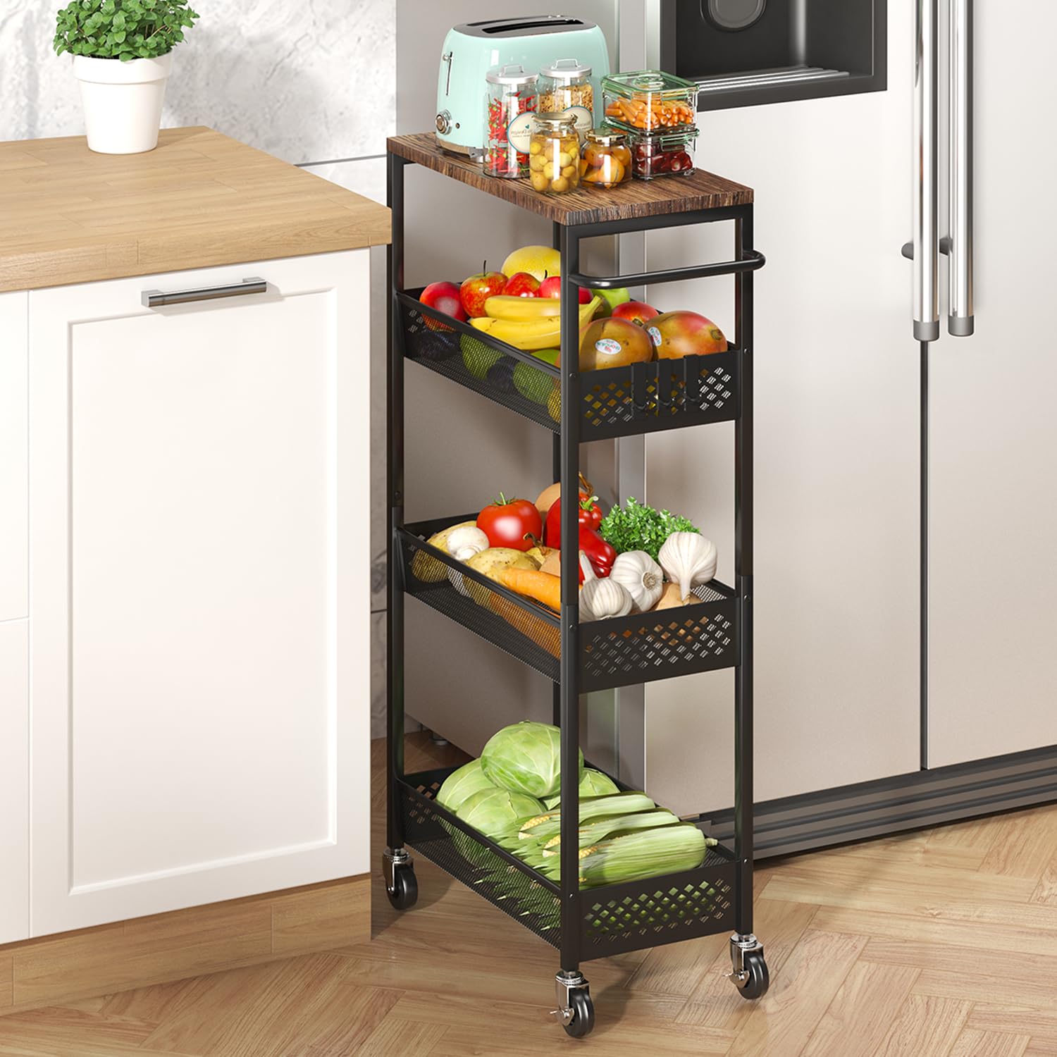 XYZLVSI Slim Storage Cart 4 Tier Fruit and Vegetable Baskets for Kitchen Small Space, Narrow Laundry Cart on Wheels with Wooden Top and Metal Handle