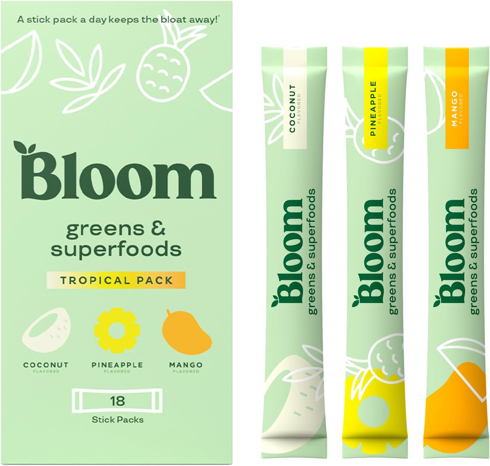 Bloom NutritionSuperfood Greens Powder Stick Packs, Digestive Enzymes with Probiotics and Prebiotics, Gut Health, Bloating Relief for Women, Chlorella, Green Juice Mix, 18 SVG, Tropical Variety