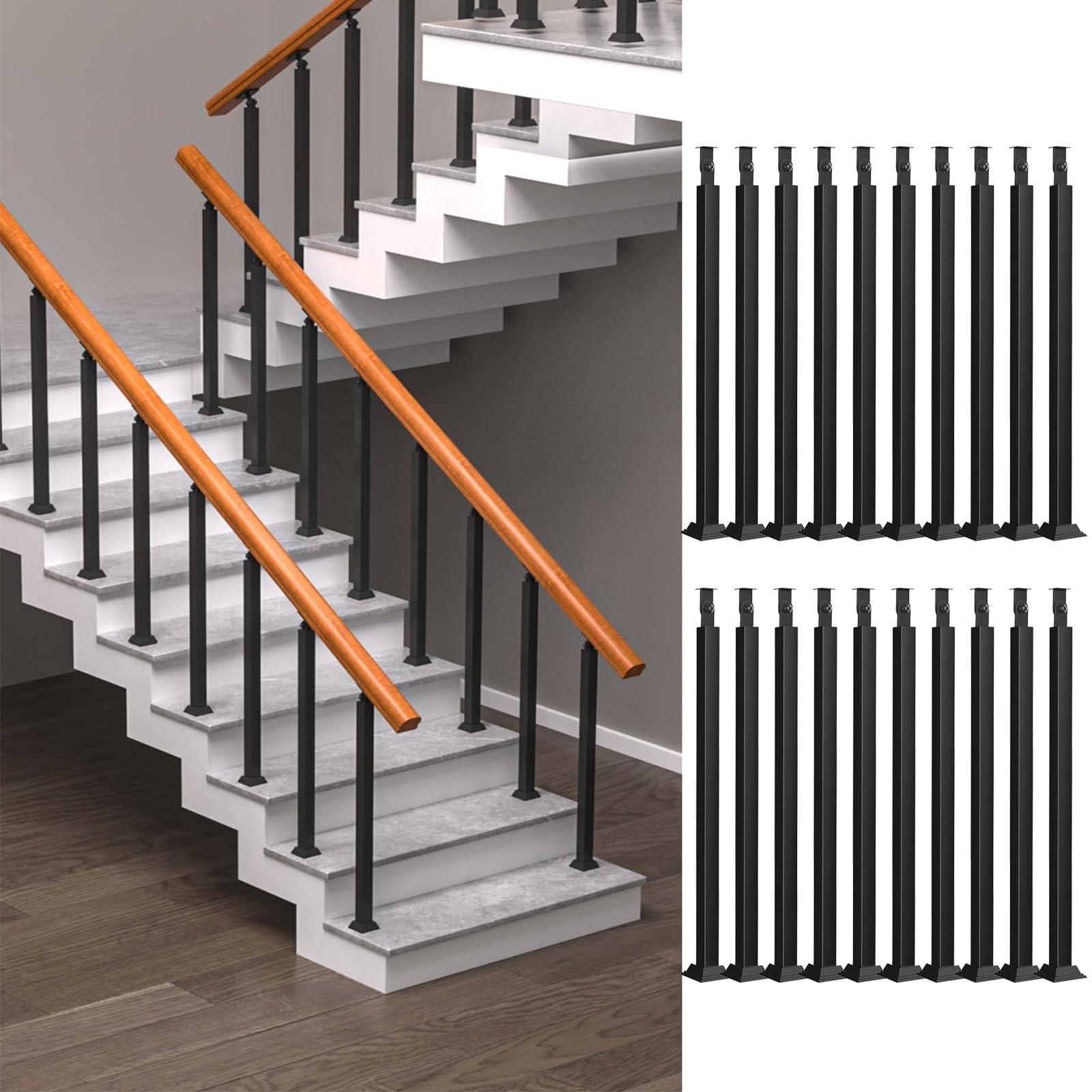 Balustres d'escalier en métal noir 70 cm avec 20 barreaux carrés réglables