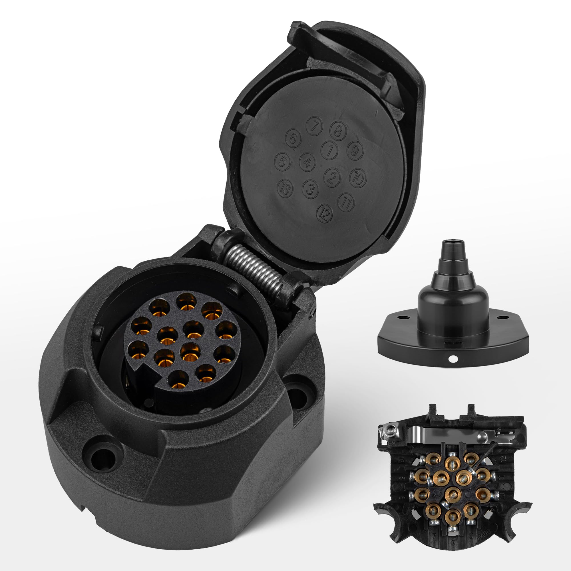 RED WOLF 13+1 Polig Anhänger Steckdose mit Nebelschlussleuchte Abgeschaltet, Schwarz 13pol Anhängersteckdose Wasserdicht mit Gummidichtung für Pkw Anhänger 13 Poliger Anhängerkupplung Nach ISO11446