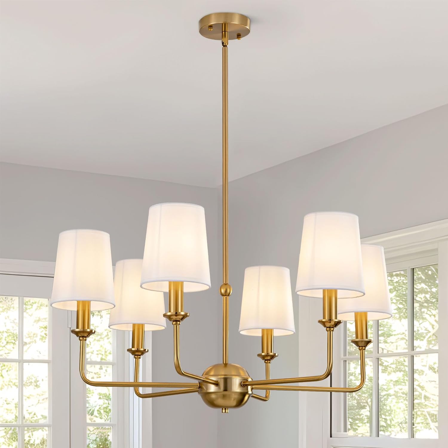 Brushed Gold Chandelier 6-Light Modern Chandeliers with White Fabric Shade Brass Farmhouse Chandelier for Dining Room Kitchen Island Living Room Bedroom Entryway