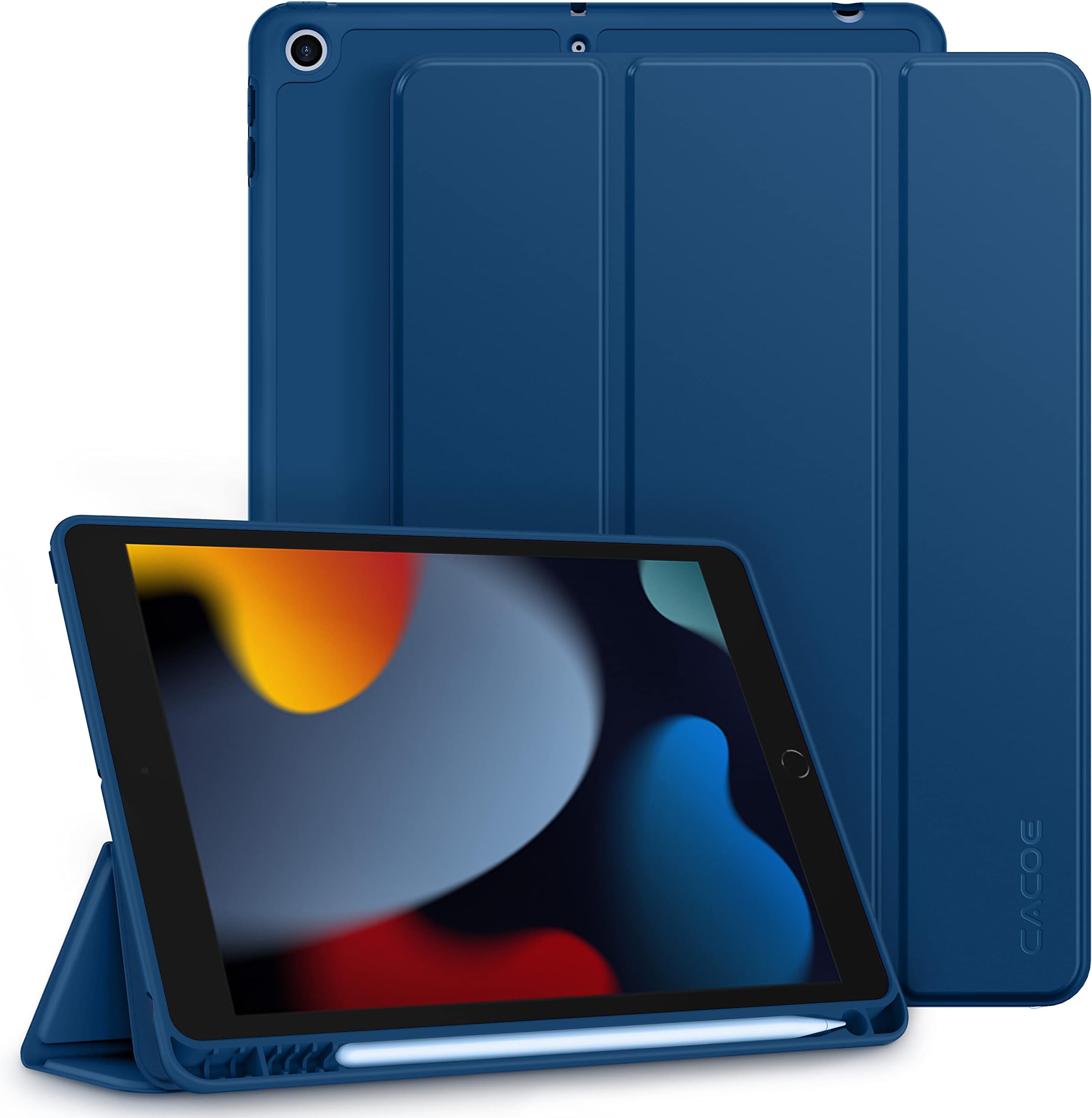 CACOE Case Compatible with iPad 9th/8th/7th Generation (2021/2020/2019), 10.2 Inch Case with Pencil Holder, Soft TPU Back Cover Auto Wake/Sleep, Sea Blue