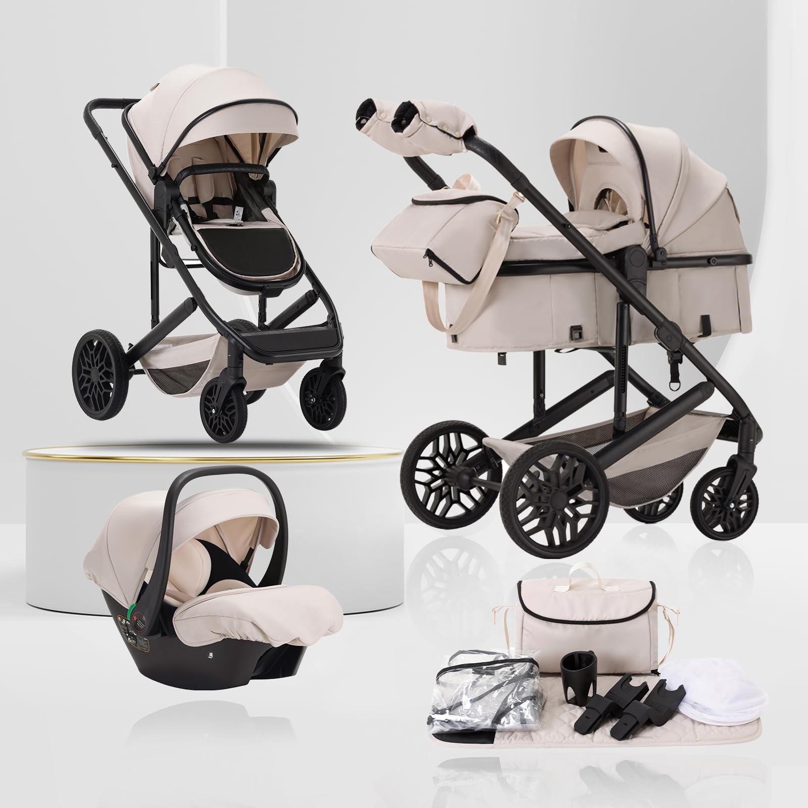 Lnhcrbs 3-in-1 Baby Stroller 518M with Button-Release Seat Collapse,Beige