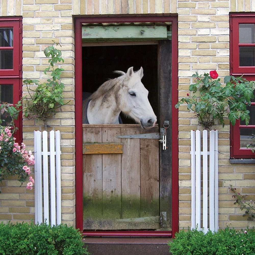 Horse Door Stickers for Interior Doors Stable 3D Door Sticker Murals Decals Wallpaper Self Adhesive Waterproof Poster for Bedroom Living Bathroom 80x200 cm A-4696