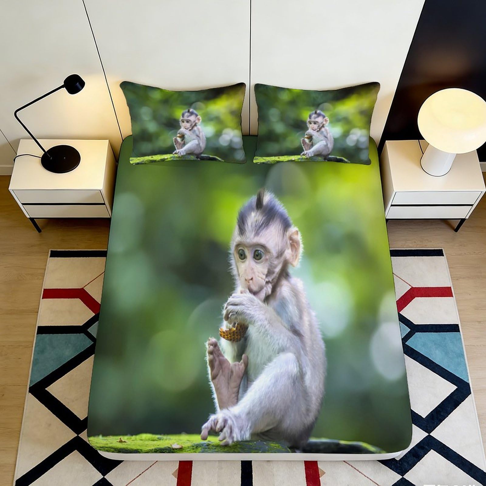 3D Printed Forest Monkey Fitted Sheet Microfiber Soft Breathable Jungle Animal Mattress Cover for Bedroom Dorm Bed Decor 180x200x25cm