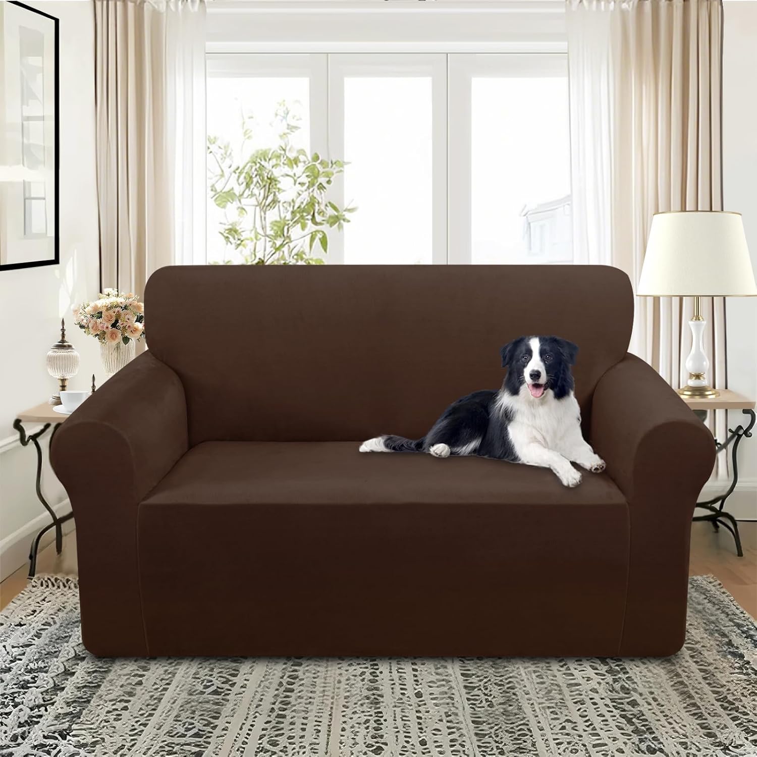 U-NICE HOME Velvet Loveseat Sofa Covers Stretch Couch Cover Furniture Protector Sofa Slipcover for Dogs (Medium, Chocolate)