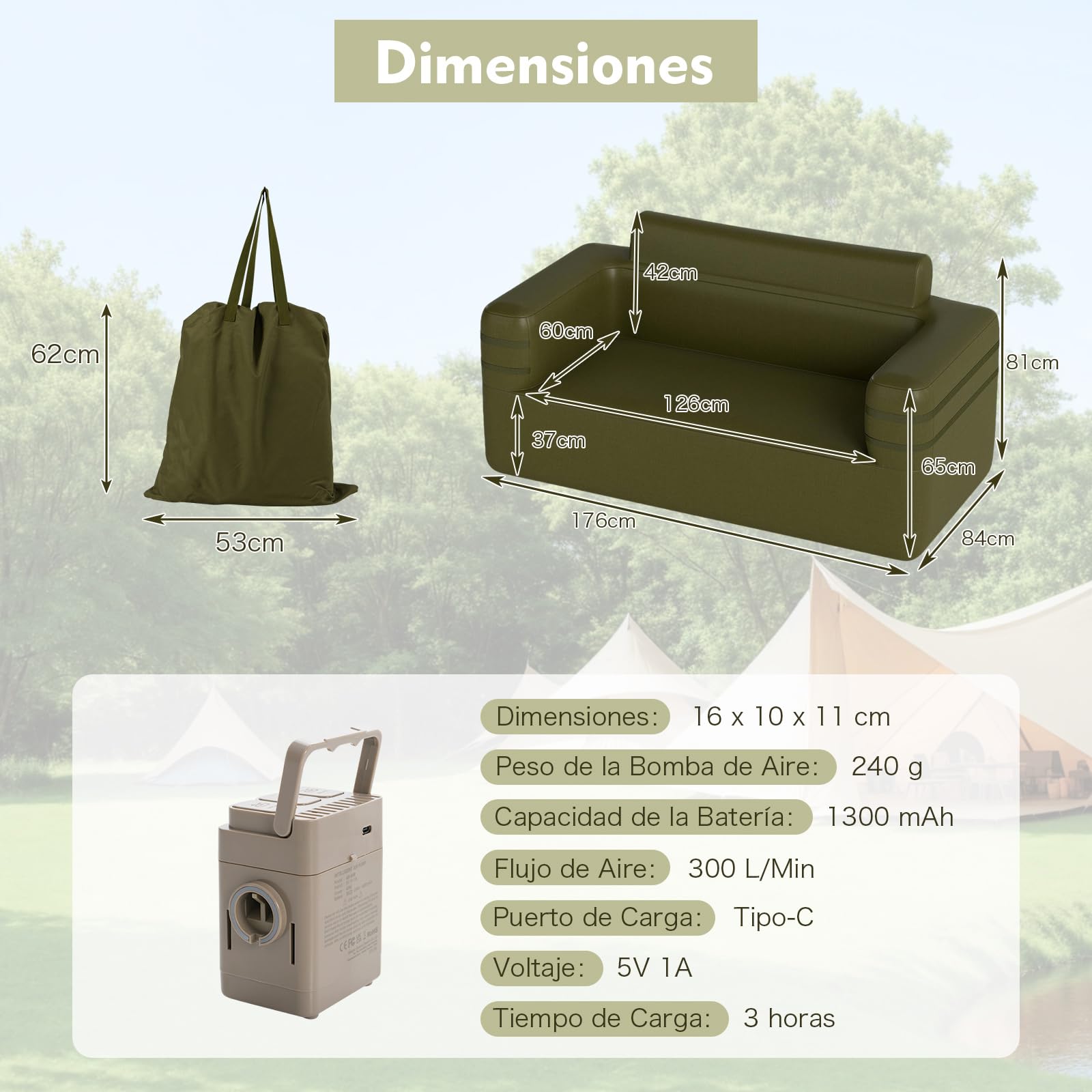 COSTWAY Sofá Inflable para Exteriores, Sillón de Aire Hinchable Multifuncional con Bomba Incorporada y Bolsa de Transporte, Banco de 2 Plazas Hinchable Portátil, para Camping Patio Trasero, Verde