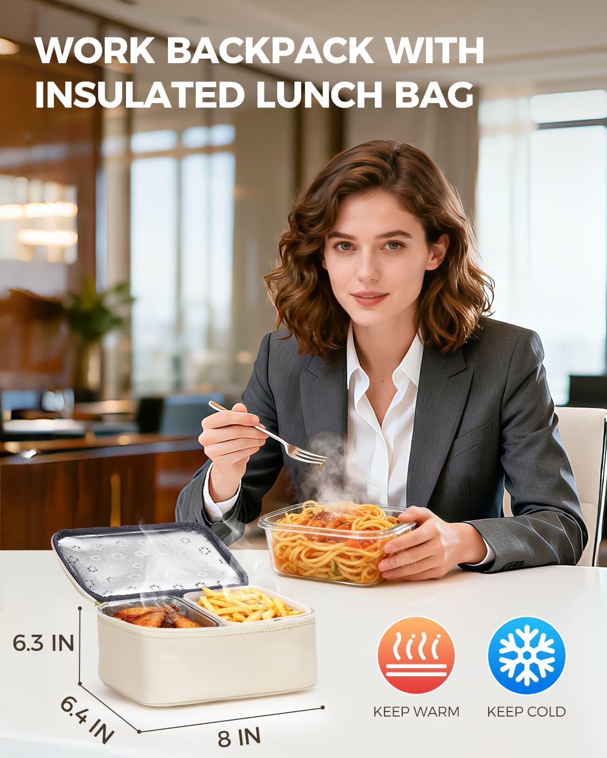 MATEIN Flap Backpack with Lunch Box, 15.6 Inch Womens Beige Laptop Backpack with USB-C Charging Port, Water Resistant Insulated Cooler Lunch Box Bag for College School Teacher - Image 2