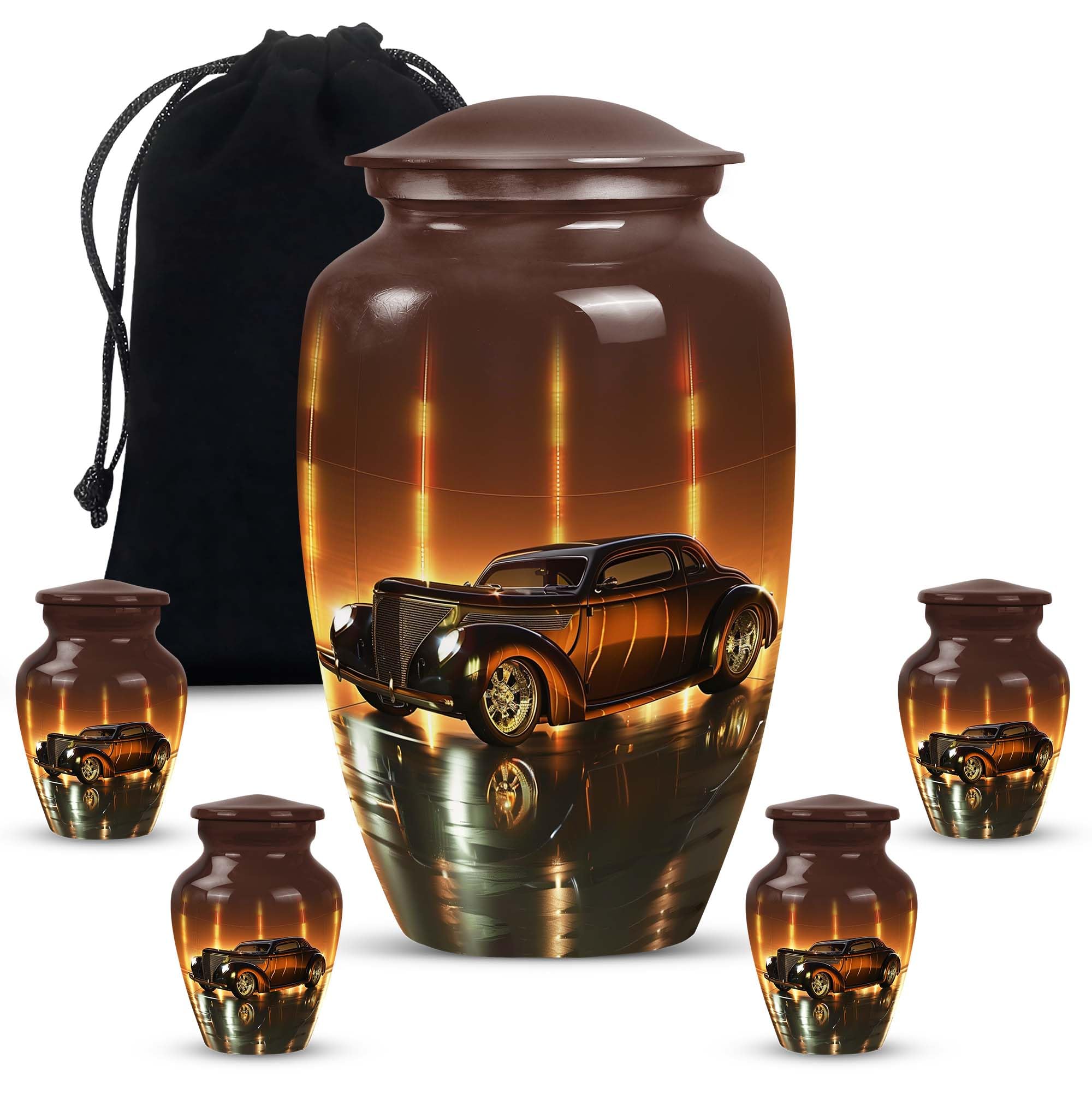 SUBSH Golden Era Glow Classic Car - Funeral Urns - Decorative Urns - Combo Of 1 Large Urn With Velvet Bag And 4 Small - Urns For Burial Ashes - Keepsake Urns - Ashes Urns Human Remains - Memorial Urns