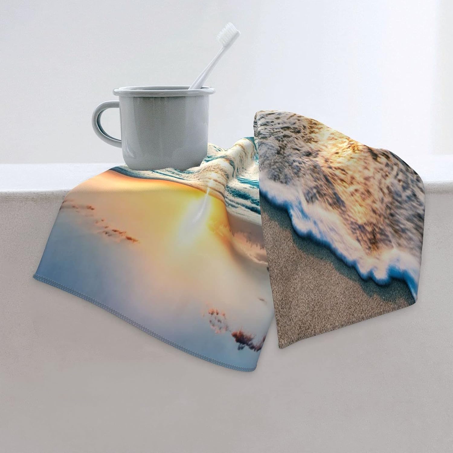 Hand Towels for Bathroom,Set of 2,Tropical Sea Beach Ocean Waves Seaside Scene Island Hawaiian Sunrise Theme,Microfiber Soft Highly Absorbent Face Towel for Hotel Spa,15.7"x27.5"