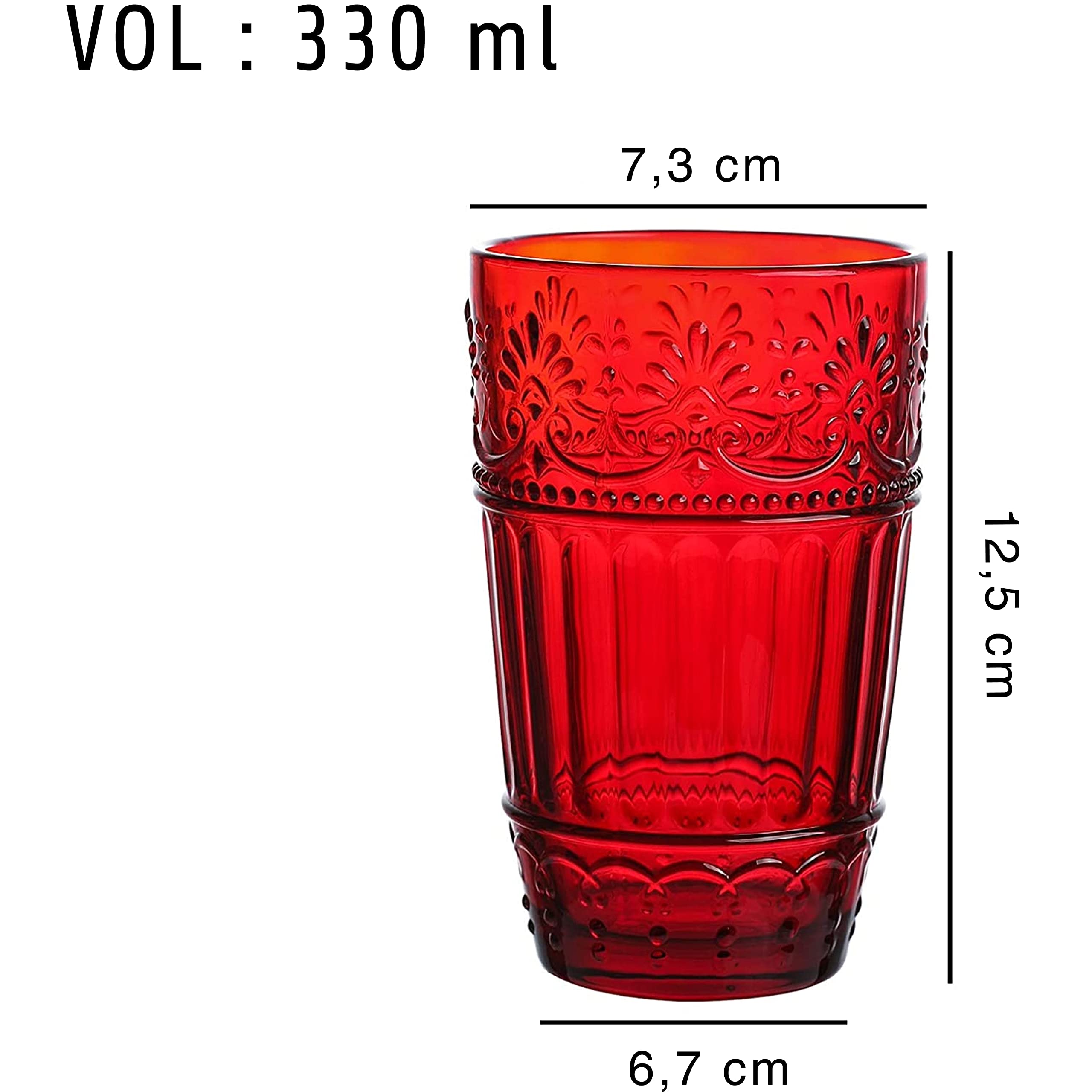 WHOLE HOUSEWARES | Glass Tumblers | Set of 6 Drinking Glasses | 11oz Embossed Design | Drinking Cups for Water, Iced Tea, Juice (Red)