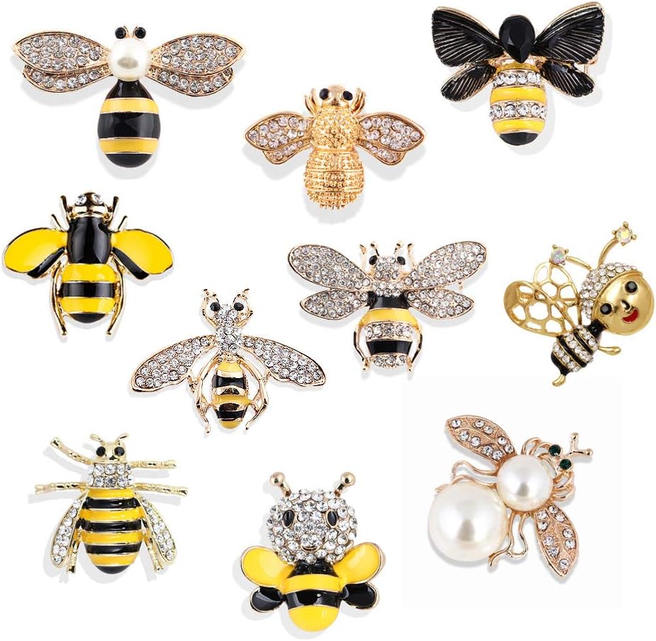 Set of 10 Fashion Enamel Crystal Rhinestones Bee Themed Brooch Pin Jewelry Lapel Pins for Clothes Collar Dress Scarf Bag Decoration