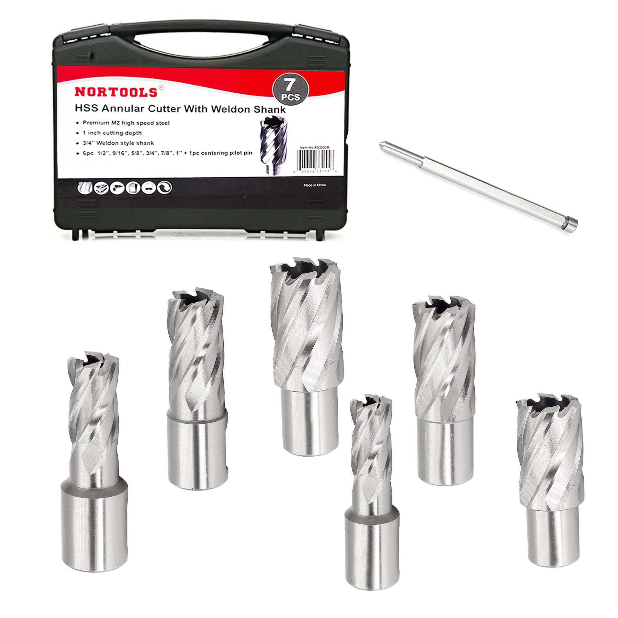 NORTOOLS 1-Inch HSS Annular Cutters with Weldon Shank 6 pcs Annular Cutter Set with Pilot Pin Work for Magnetic Drills Machine