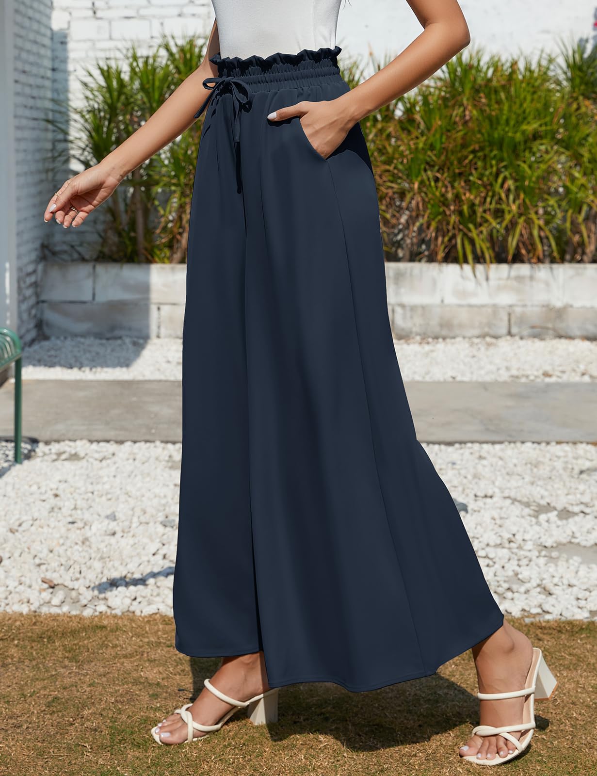 Voqeen Mujer Pantalones Verano Frescos Casual Pantalon Pierna Ancha Cintura Alta Elástico con Bolsillos Cómodo Pantalones de Trabajo Anchos Oficina