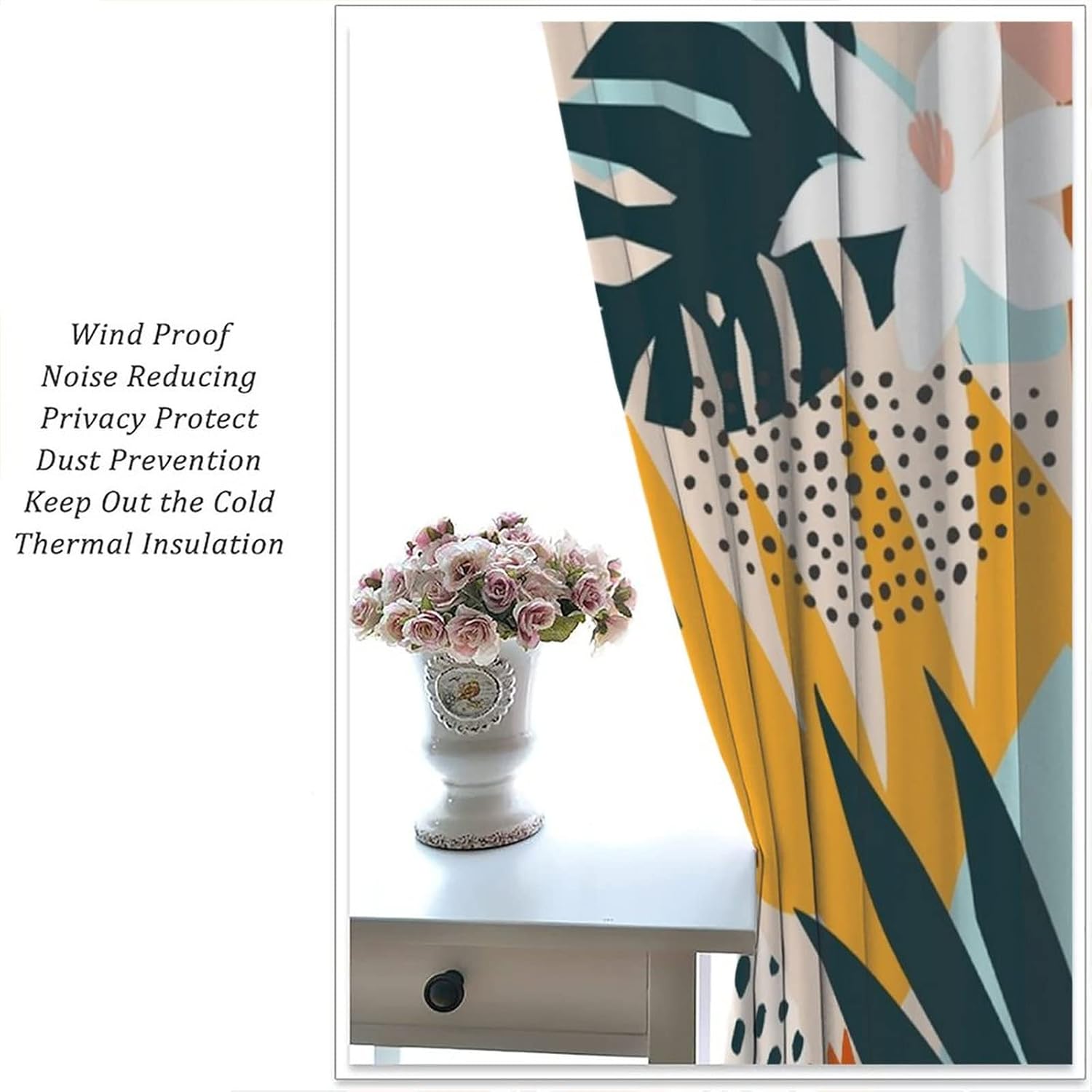 Watercolor Abstract Mid Century Blackout Curtains,Vintage Boho Geometric Floral Leaves Plant Window Curtains Rod Pocket Thermal Insulated Room Darkening Blackout Curtains 2 Panels 45L x 21W
