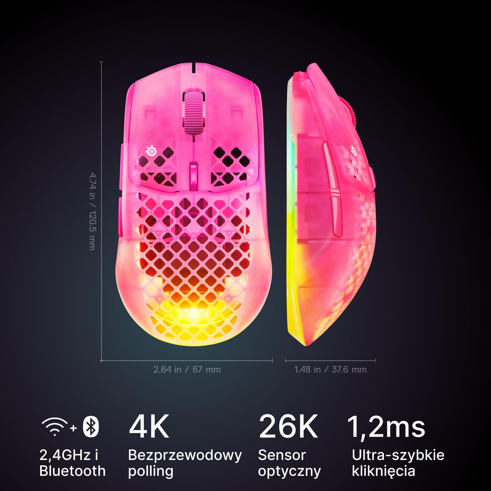 SteelSeries Aerox 3 Wireless Gen 2 – superlekka mysz dla graczy, polling 4K, sensor optyczny 26K DPI, 200 godzin pracy, wodoodporność IP54, 80 mln kliknięć, RGB, ślizgacze 100% PTFE, Magenta Haze
