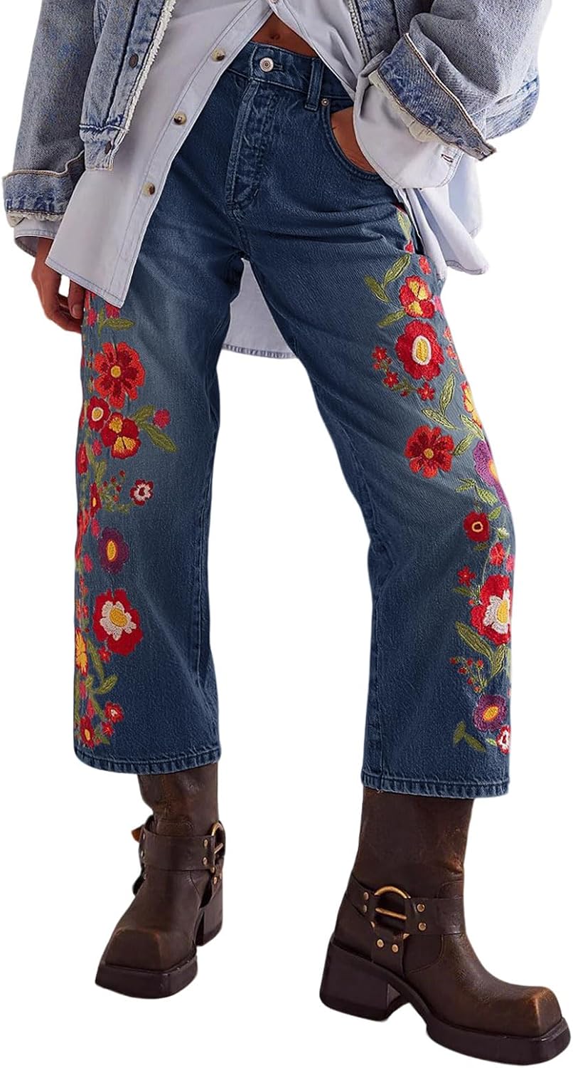 loveimgs レディース バギージーンズ Y2k 花柄刺繍クロップデニムパンツ ワイドレッグ ミッドライズ ジーンズ カウガール