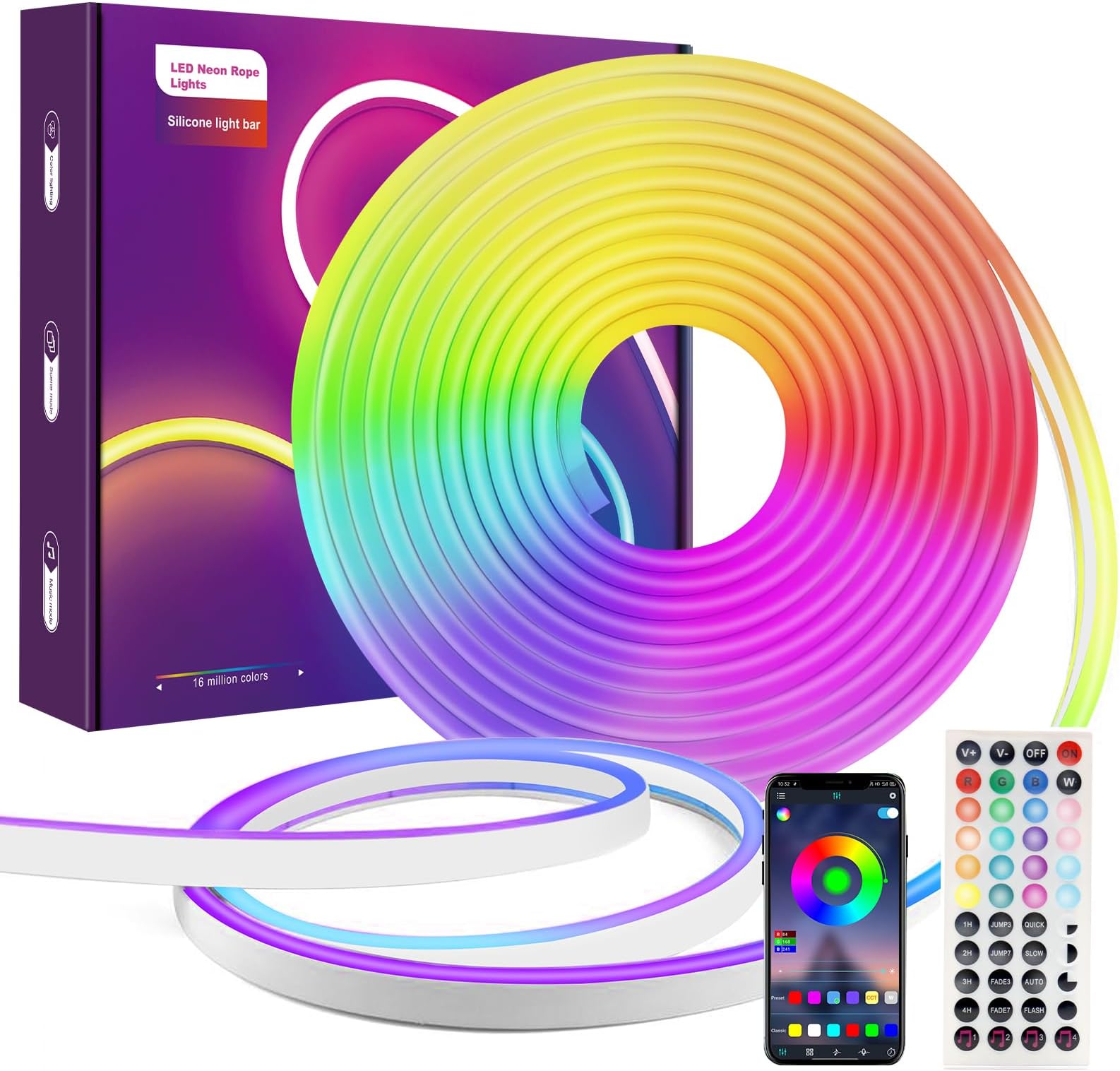 5M Smart LED Strips Neon Lighting,LUXONIC 24V RGB Bluetooth Neon Rope Lights Waterproof,Music Sync,Adjustable Modes,Works with App&44Key Remote,Lamp for Bedroom Living Room Gaming Room DIY Light Decor