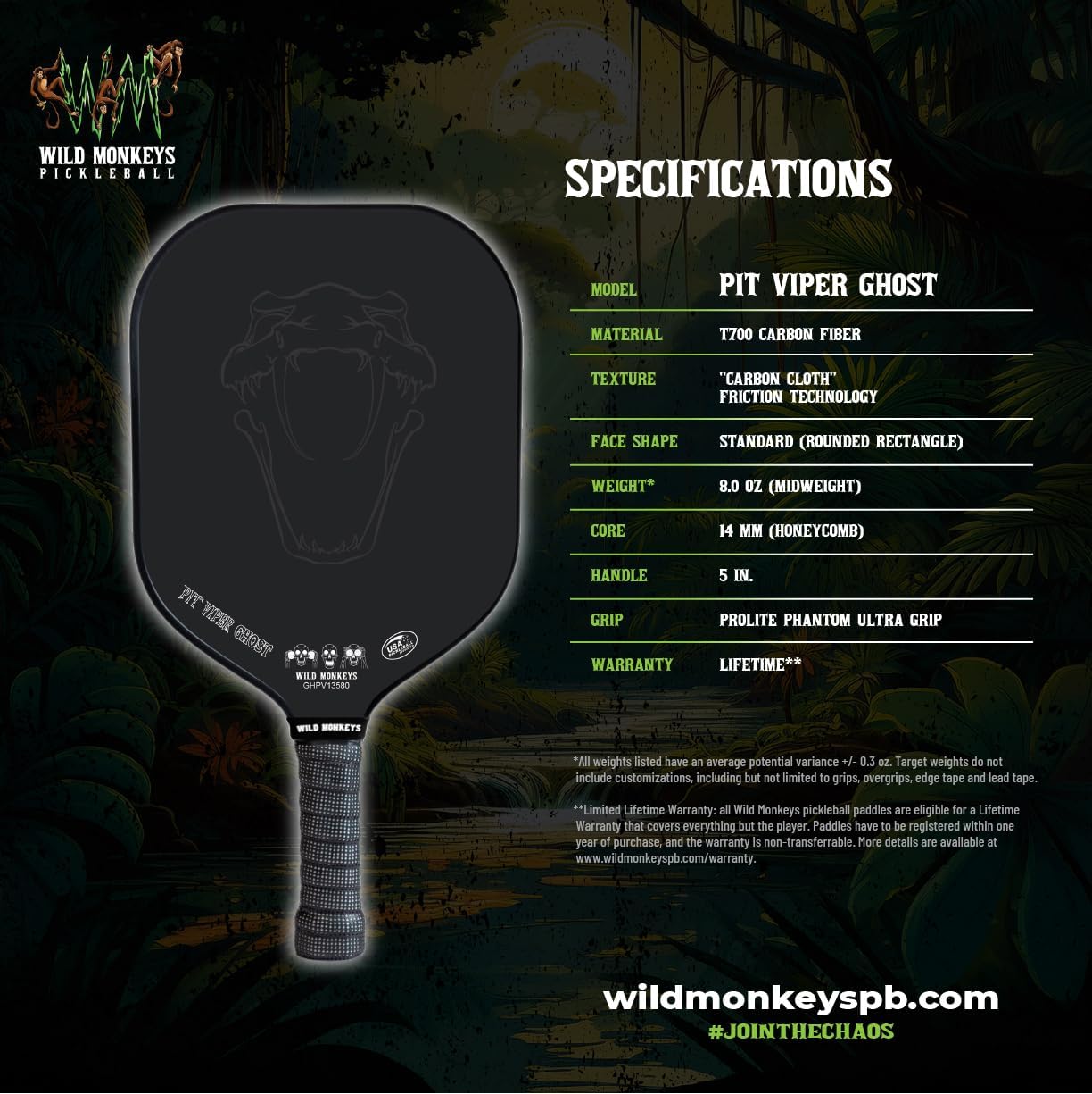 Wild Monkeys Pit Viper Ghost - Midweight (8.0 oz) Raw T700 Carbon Fiber Pickleball Paddle, 14mm Honeycomb Core, Prolite Phantom Ultra Grip - USAP Approved