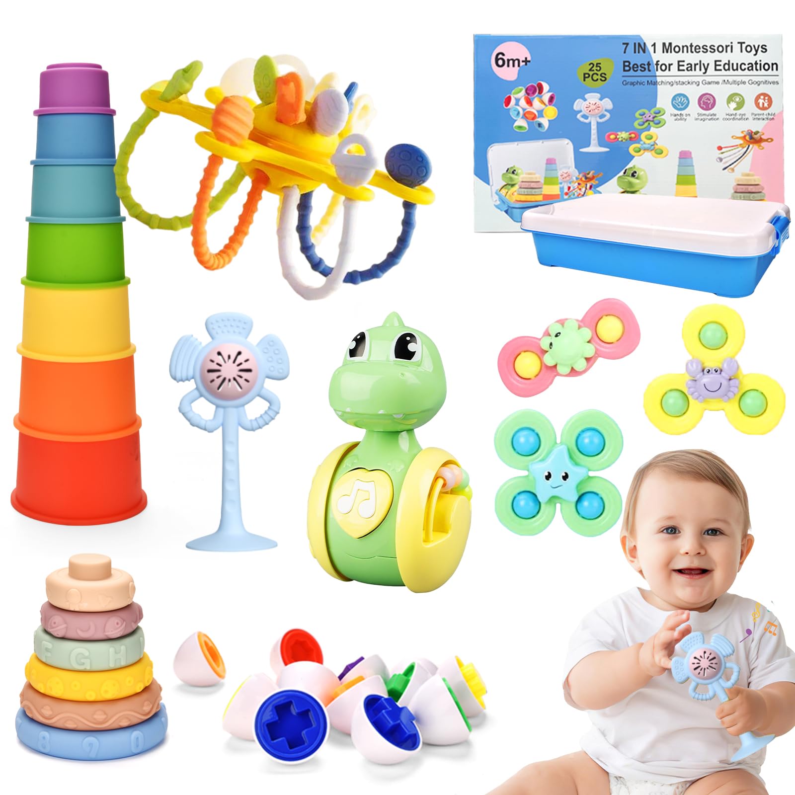 Juguetes Montessori Bebes 6-12 Meses,7 en 1 Bebes 1 2 3 Años,uguetes sensoriales para desarrollar Habilidades motoras,Juguetes Educativos Bloques Juguetes de Apilar y Encajar Regalos para Bebés