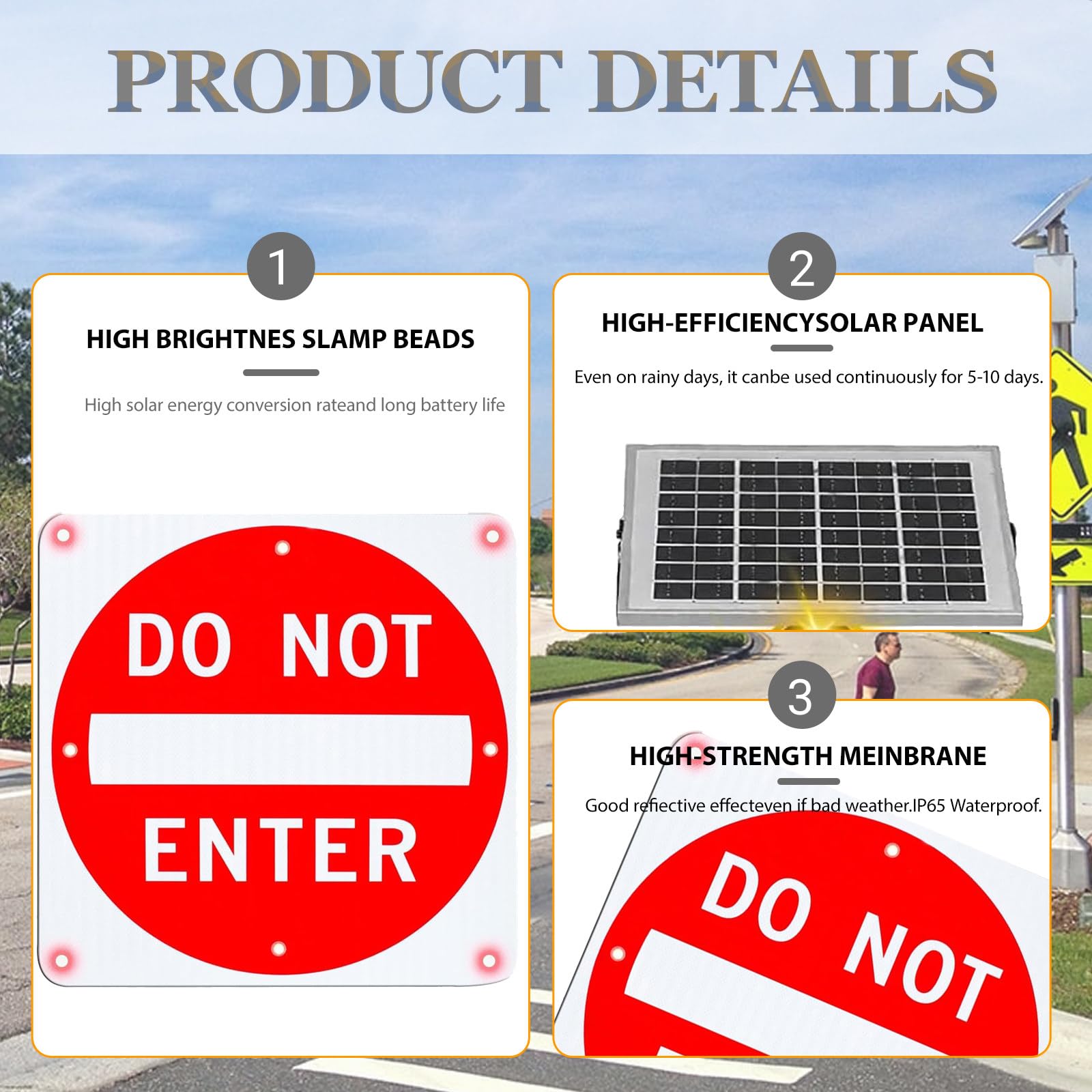 Segnaletica di divieto di accesso a LED lampeggiante, segnaletica di divieto di accesso in alluminio antiruggine con alimentazione solare, 8 LED, pellicola riflettente di livello ingegneristico 30in