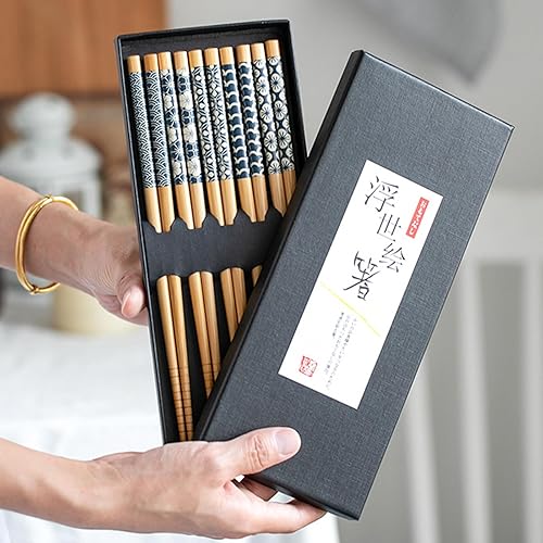 Miniatura 3 de 5 pares de palillos reutilizables de bambú natural con caja de regalo, juego de palillos antideslizantes para fideos de arroz de sushi, vajilla