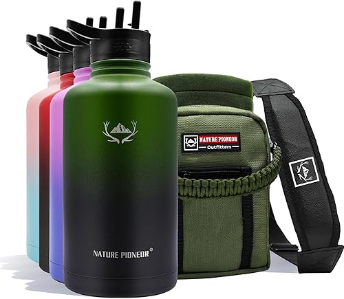 NATURE PIONEOR Botellas de agua aisladas con popote Botella de agua de acero inoxidable de 24324064 onzas con soporte, portadorfunda, reutilizable,