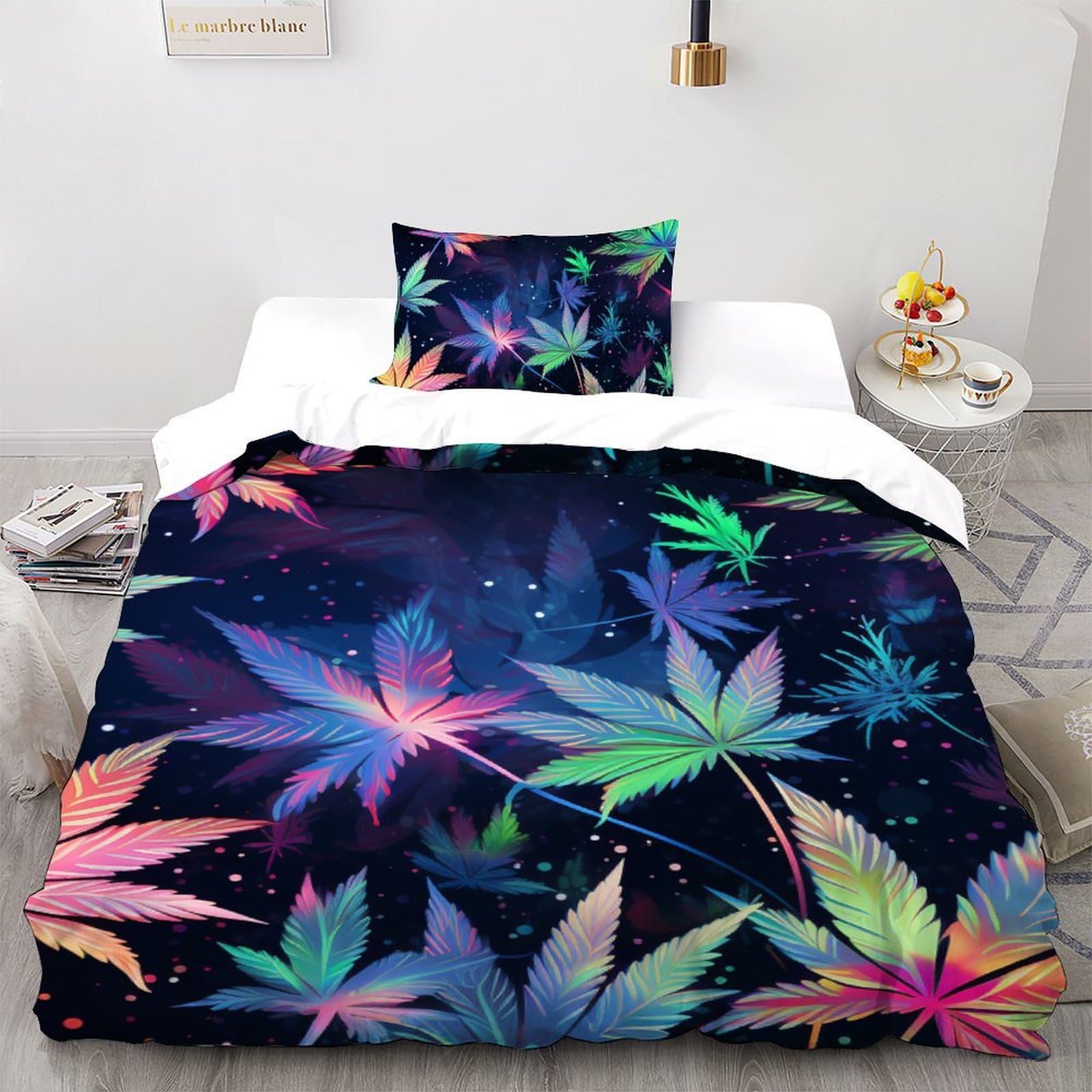Housse de couette 135x200cm green leaves avec une taie d'oreiller single pour lit simple