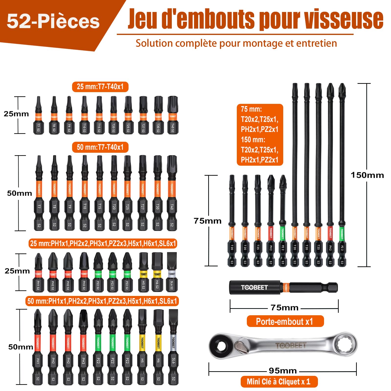 Jeu de 52 Embouts de Vissage Impact S2 (25/50/75/150mm), Torx T7-T40, PH, PZ2, Hex, Fente, avec Mini Clé à Cliquet & Porte-Embout Magnétique, Idéal pour Visseuse à Choc & Zones Étroites