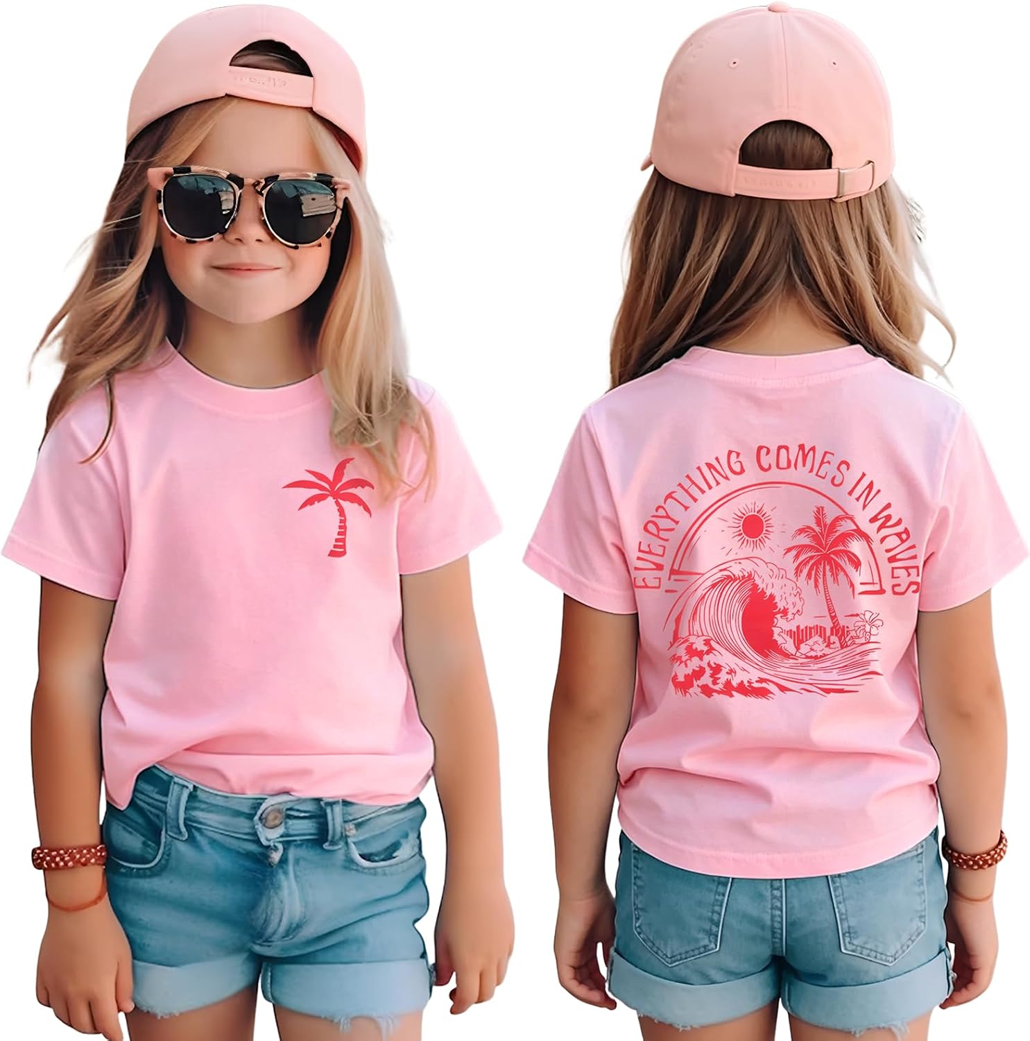 BOUTIKOME Girls Summer Shirts Palm Tree Graphic Tees Beach Hawaiian T-Shirt Tropical Ocean Vibes Outfits Cute Vacation Tops