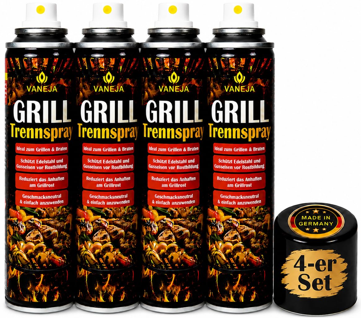 VANEJA Trennspray Grill 4 x 200 ml – Fetttrennspray & Backtrennspray | Trennspray, Grill Spray & Grillspray für Grillrost, Gasgrill, Gusseisen, Plancha & Grillplatte – Made in Germany