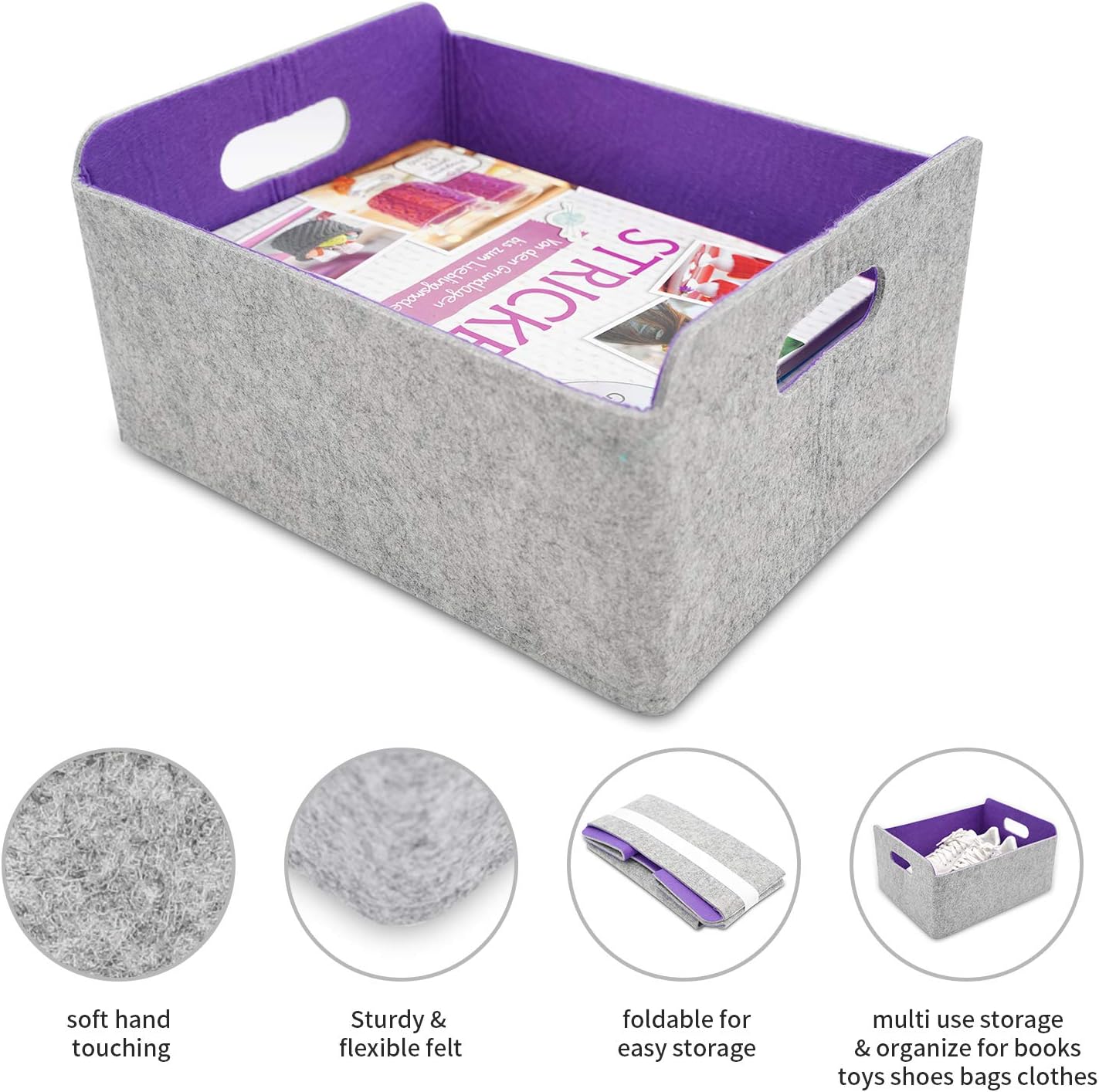 Welaxy Storage Baskets Felt Foldable Storage Cube bin Shelf Bins Organizer Felt Box for Kids Toys Magazine Books Clothes for Office Bedroom Closet Babies Nursery (Purple x 3)