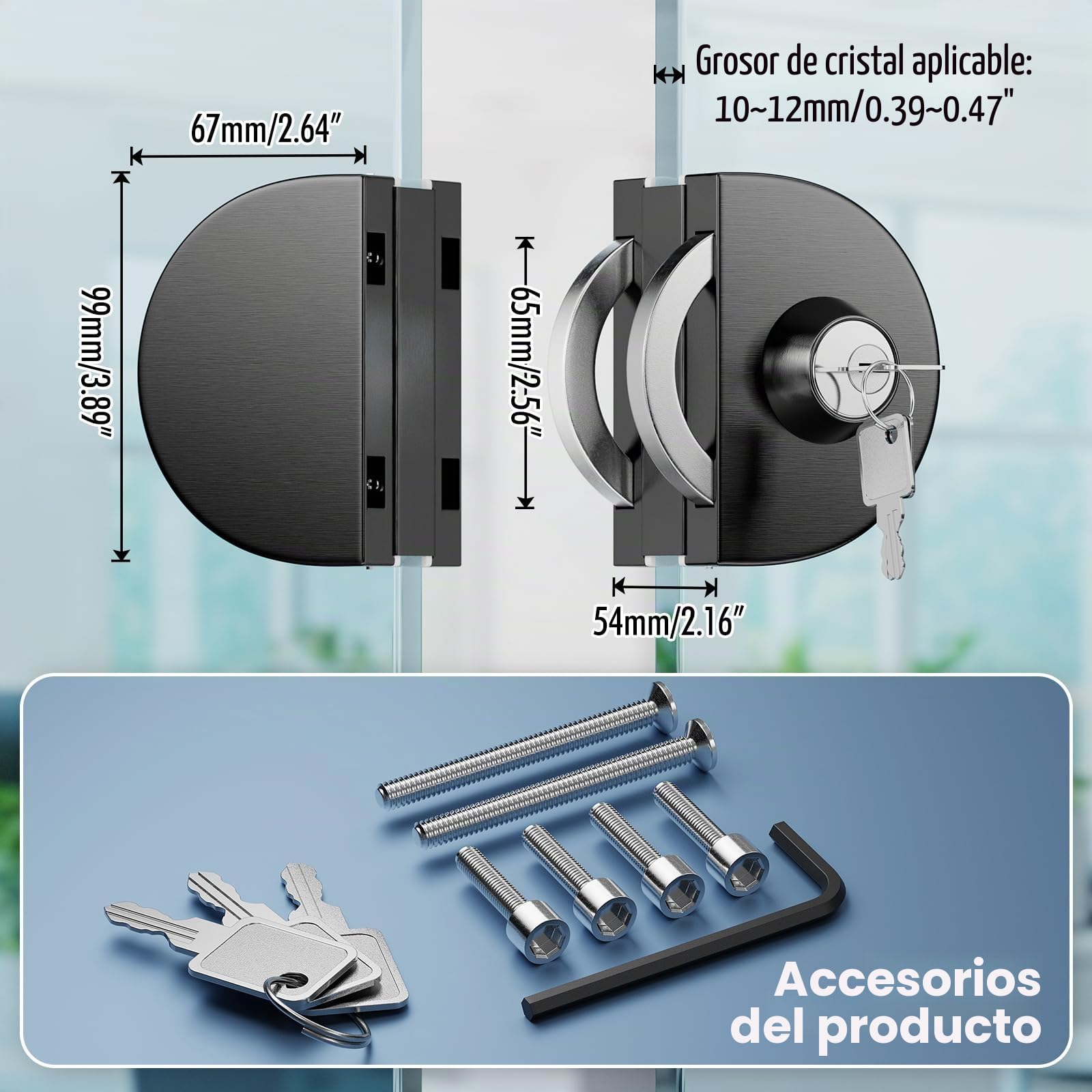 Ranbo Cerradura de Sujeción sin Taladrar para Cristal, Negro Cepillado | Para cristal de 10–12 mm, apertura y cierre con llave, apta para hogar y oficina