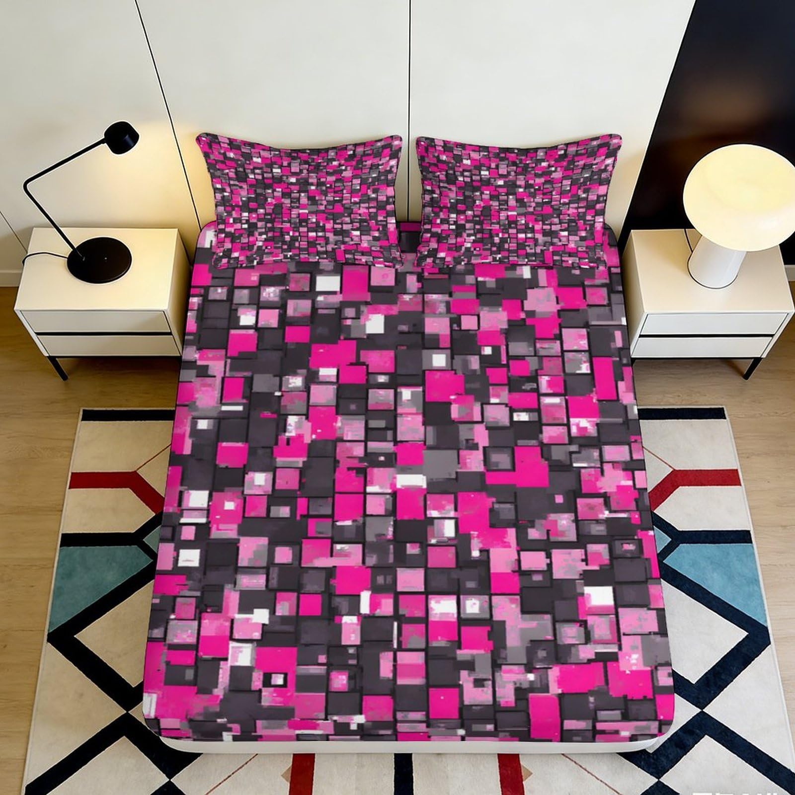 Pnayamiorkfel Style-6 3D Printed Pink Geometric Fitted Sheet Microfiber Soft Breathable Modern Mosaic Bed Cover For Bedroom Dorm Decor Mattress Protection 90X200x25cm