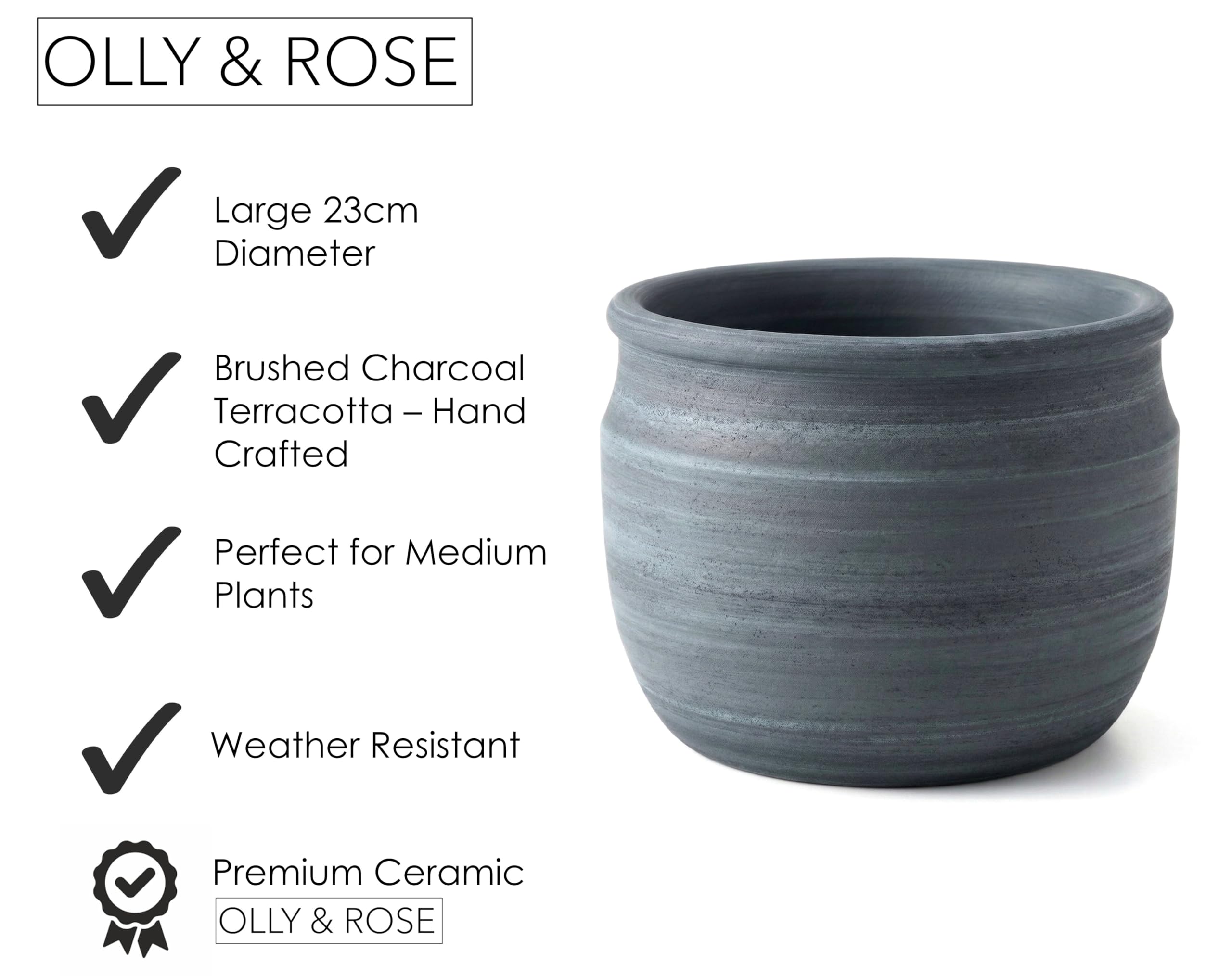 Olly & Rose Duża doniczka na rośliny ze szczotkowanego węgla drzewnego z terakoty szczotkowana – ceramiczna doniczka na rośliny 23 cm do użytku na zewnątrz i wewnątrz do domu i ogrodu
