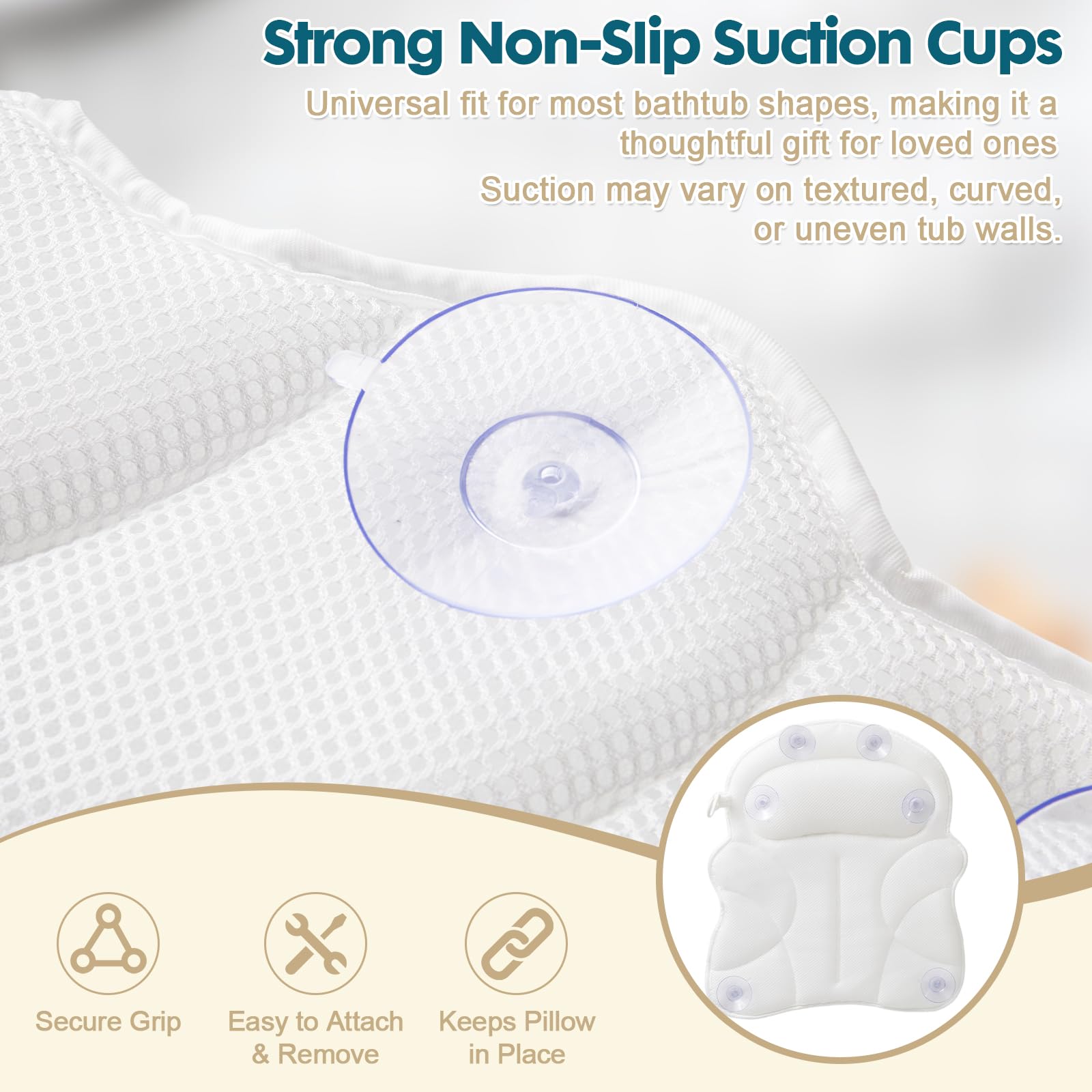 Bath Pillow for Tub, Head & Neck Support, 4D Air Mesh, 6 Suction Cups