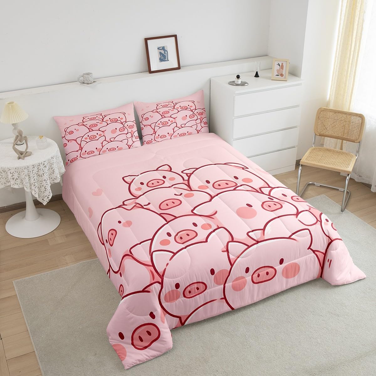 Erosebridal Kids Pig Bedding Sets Queen Lovely Cartoon Piggy Comforter Set,Girls Pink Duvet Insert Kawaii Farm Animal Quilt Comforter Girly Room Decorative,Microfiber 3 Piece for All Season