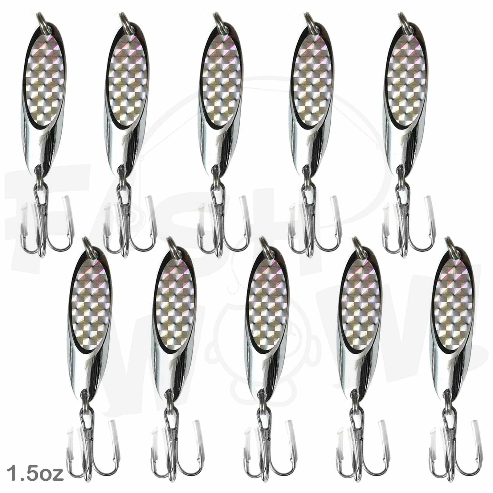 10pcs 1.5oz 1-1/2oz Fishing Kast Spoon with a Treble Hook Fish Chrome Jig Bait Lures Holographic Laser Silver Tape Kast Master Style Champ Spoons - Fish WOW!