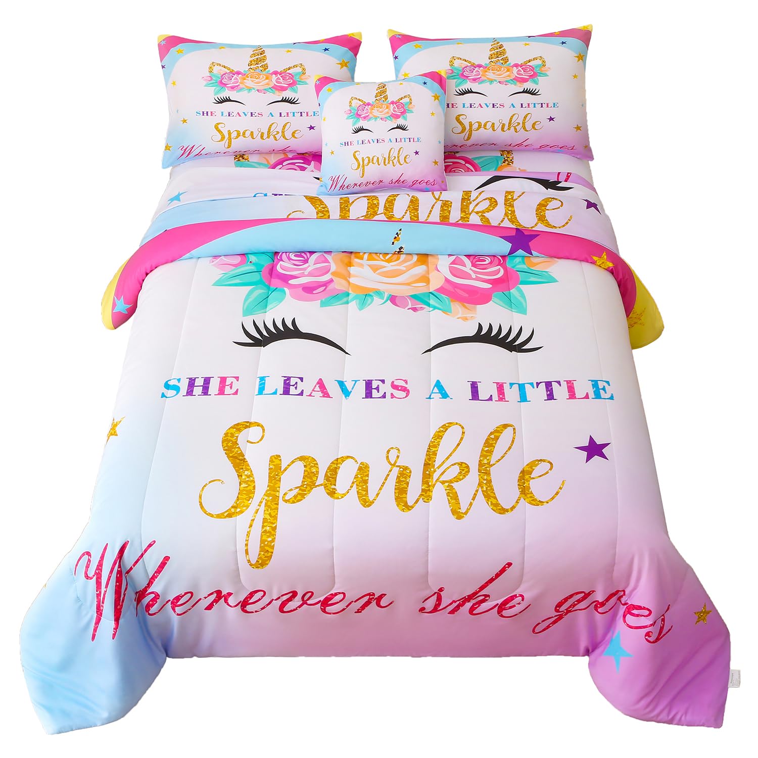 Namoxpa 6 Pieces Unicorn Comforter Sets,3D Pink Blue Unicorn Flower Pattern,Decorative 6 Piece Bedding Sets with Comforter,Flat Sheet,Fitted Sheet,