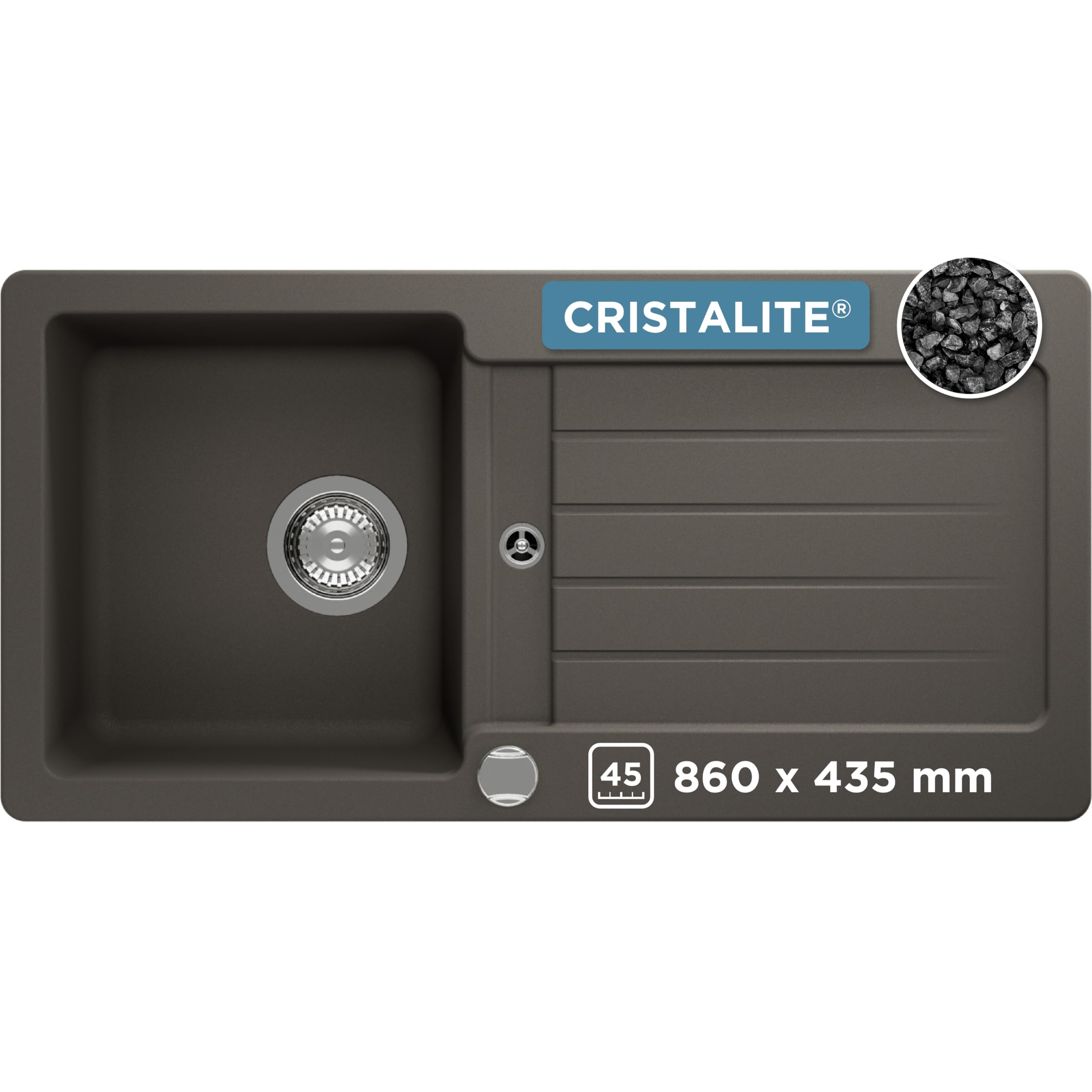 SCHOCK Küchenspüle Typos D-100S Asphalt 86x43,5 cm | Granitspüle aus CRISTALITE Grau mit Abtropffläche | Spüle für 45 cm Unterschrank | Reversible Einbauspüle | Robuste Quarzkomposit-Oberfläche