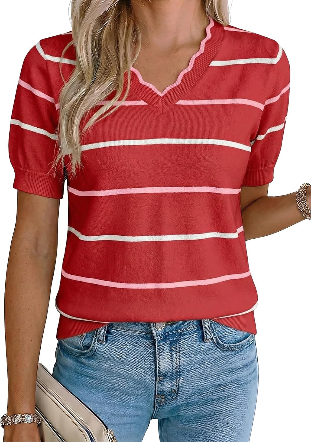 Dokotoo Womens Summer Short Sleeve Knit Tops 2026 Spring Trendy Casual V Neck Striped Sweater Blouses