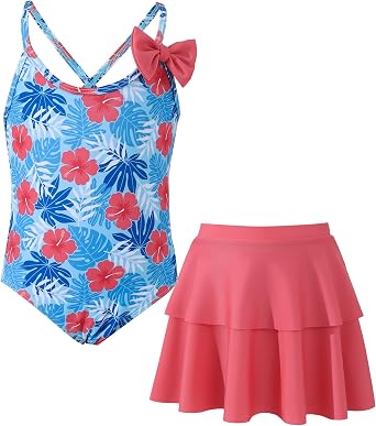 Saeaby Girl One Piece Swimsuit Bathing Suits for Girls with Ruffle Skirt Crisscross Hawaii Swimwear 3-8 Years Old