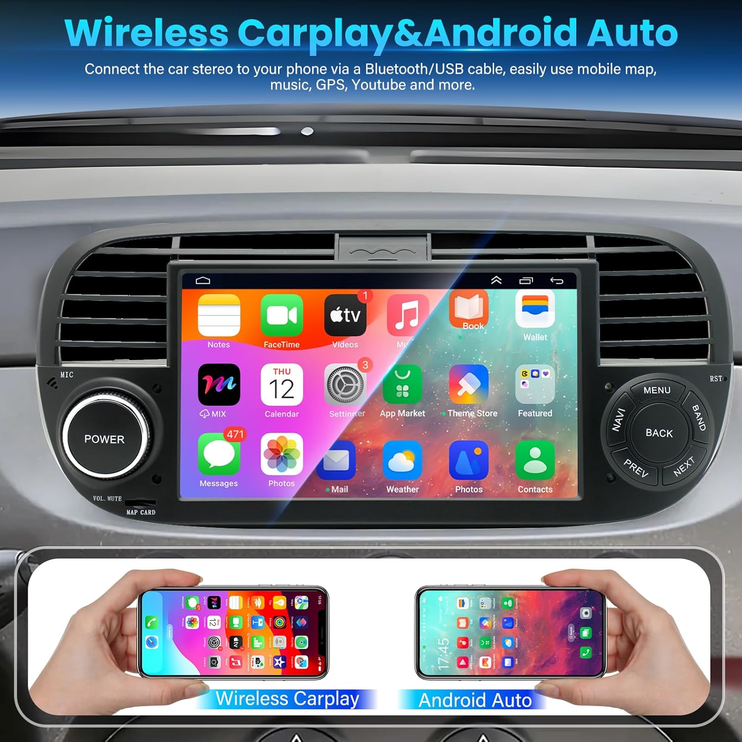 Android 14 Car Stereo Radio for Fiat 500 2007-2015, 4+64G Radio with Wireless CarPlay/Android Auto, 7" IPS HD Touch Screen Radio with WiFi/GPS/Bluetooth/FM/USB/SWC/Backup Camera/Mic