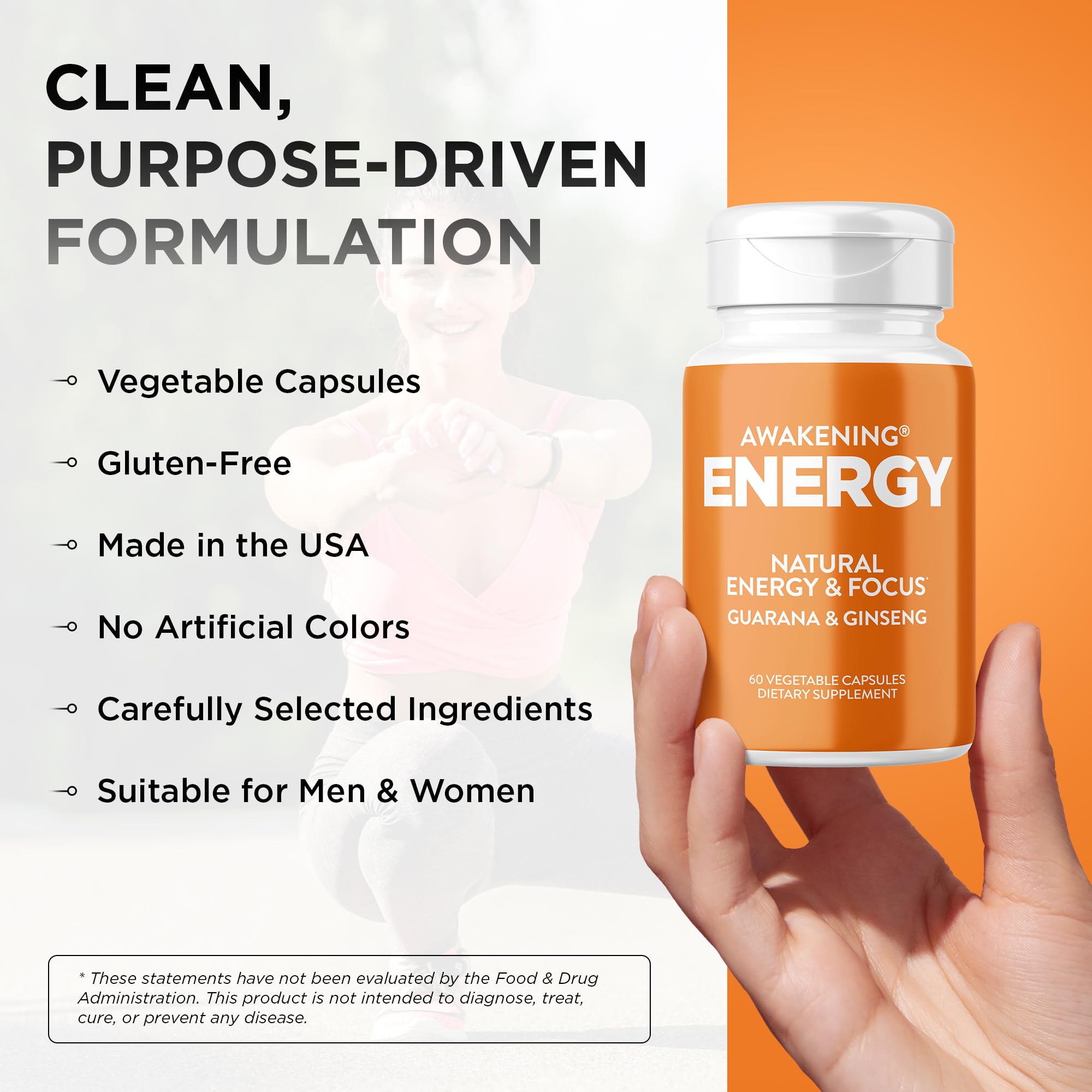 Awakening Natural Energy & Focus Supplement with Panax Ginseng, Guarana Extract & Chromium Picolinate | Brain Supplement for Focus, Energy, Mood & Clarity | Gluten Free Veggie, USA - 60 Caps — Amazon image 4