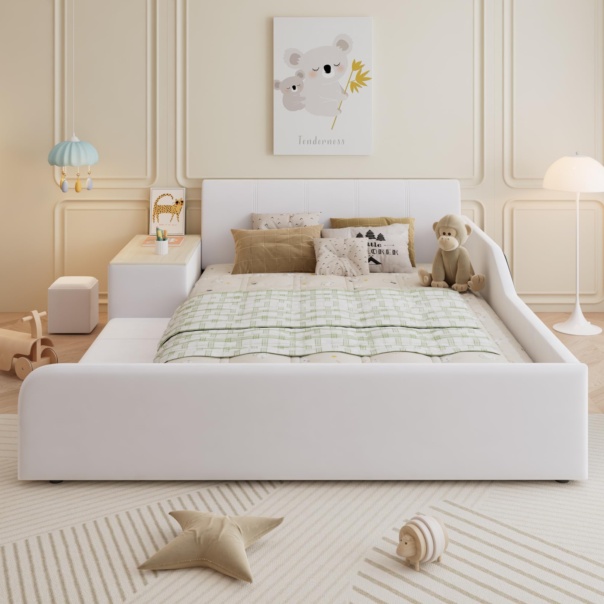Letto imbottito 140 x 200 cm con scrivania per bambini e sgabello, con ripiano, testiera morbida, culla con doghe in legno, velluto, bianco