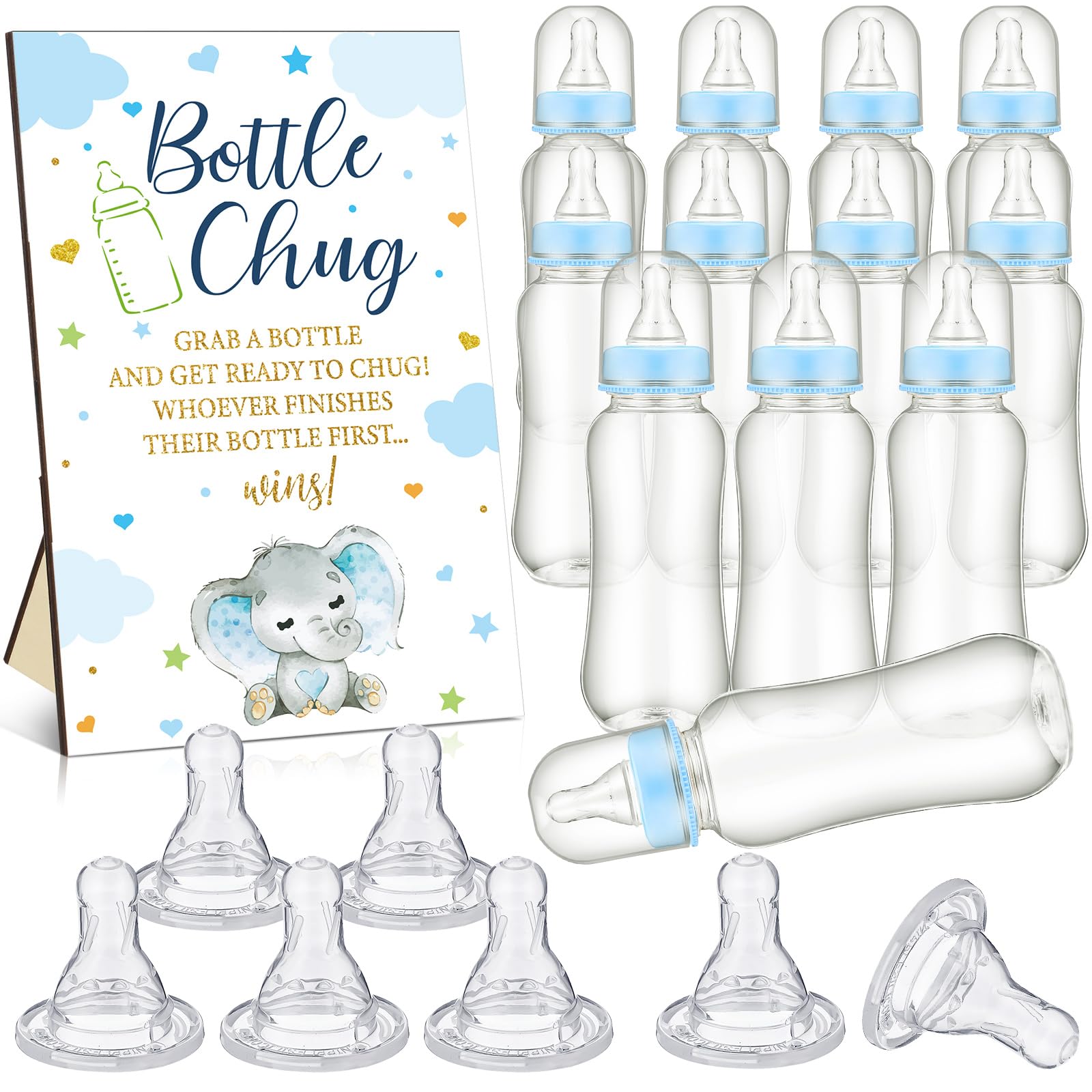 TrelaCo Blue Elephant Cool Baby Shower Games Bottle Chug Sign Wooden Elephant Theme Gift Sets Gender Reveal Party Favors and 12 Pcs Baby Bottle Shower