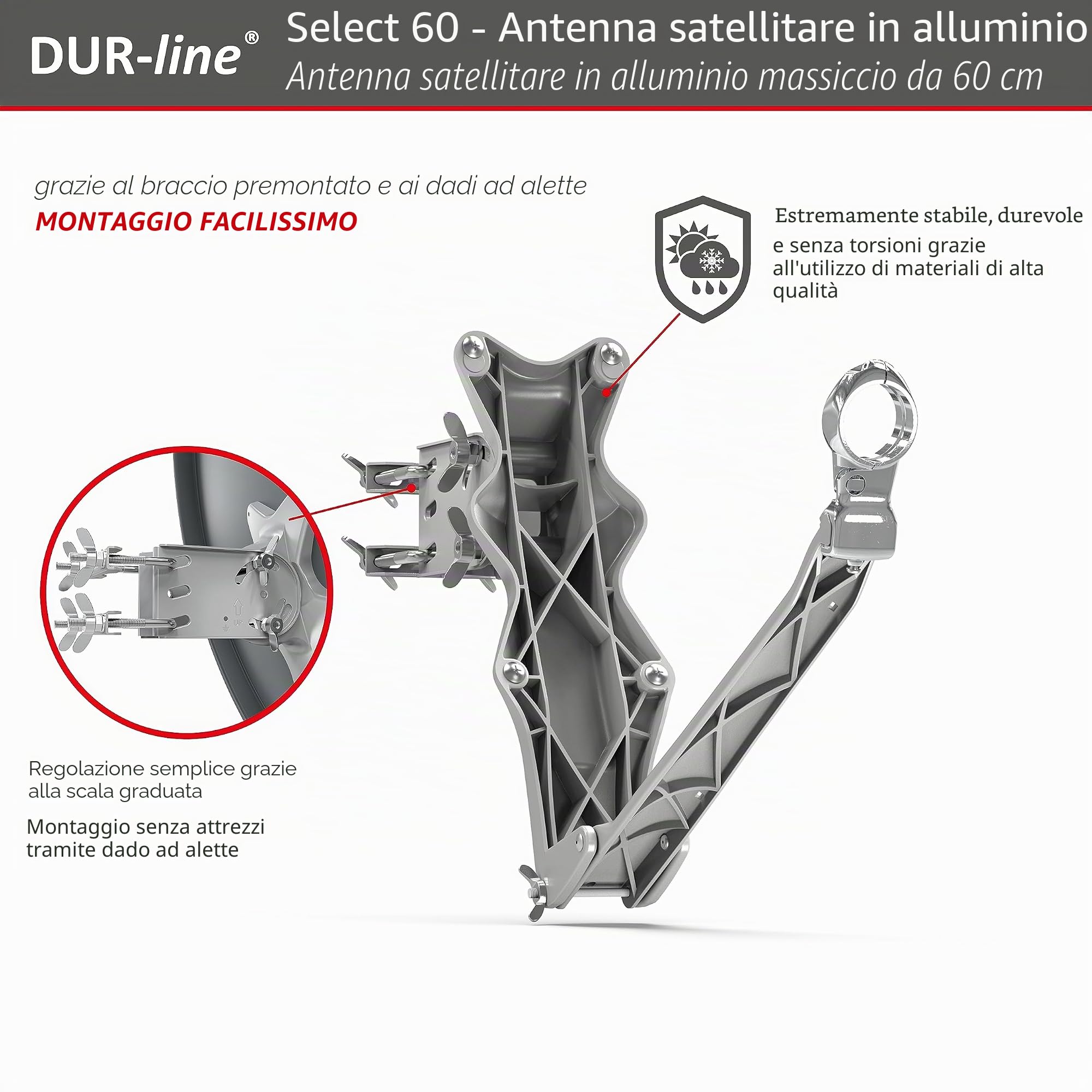 DUR-line Set di 2 partecipanti, impianto satellitare completo in alluminio di qualità, Select 60 cm/65 cm, specchio/ciotola antracite + Twin LNB, per 2 ricevitori/TV [tecnologia all'avanguardia