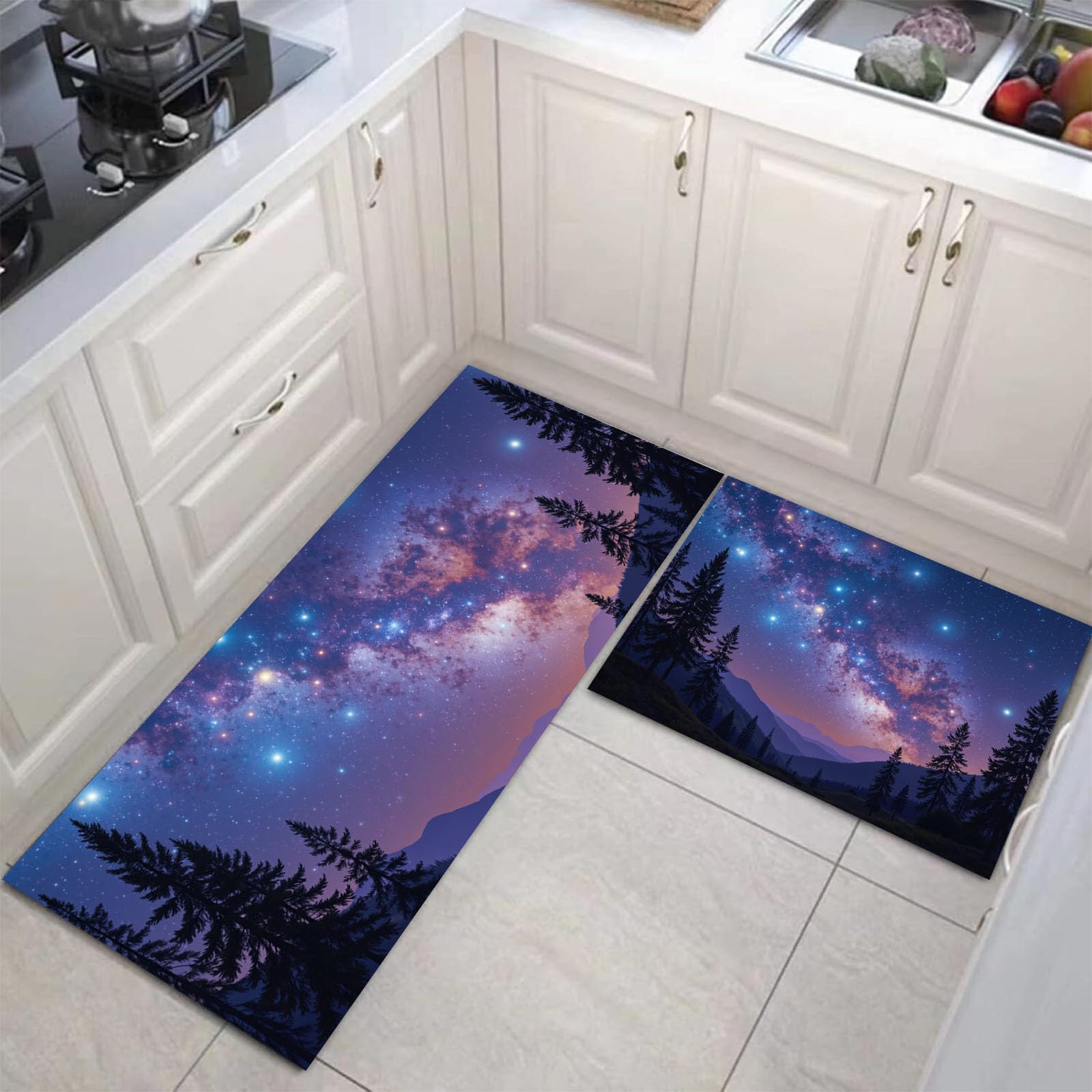 Alfombrillas lavables de cocina con base antideslizante y diseño de bosque en montañas