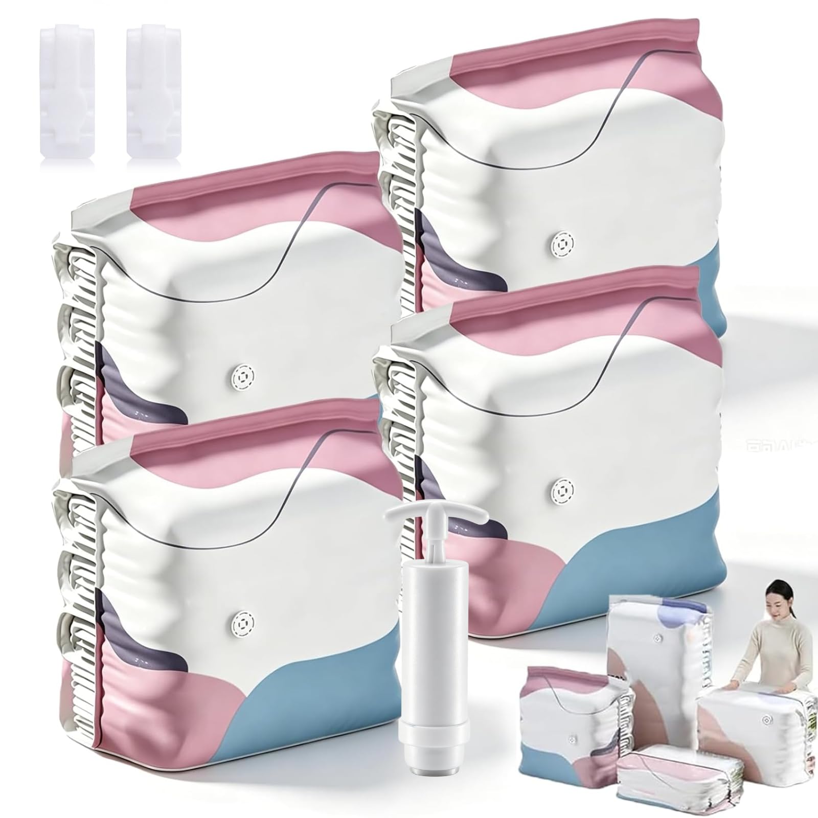 No‑pump Vacuum Storage Bags - 3-Sec Fast Compression, 80% Space Saving, Upgrade Reusable Large 3d Cube Vacuum Seal Bags, Keeps Clothes Dry &amp; Dust‑Free, Press &amp; seal，M/19.7 × 27.6 × 11.8 in：4Pcs